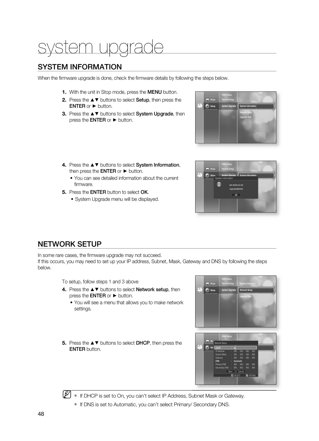 Samsung HT-BD2S manual SYSTEM InFORMATIOn, nETWORK SETUP, system upgrade, EnTER button 