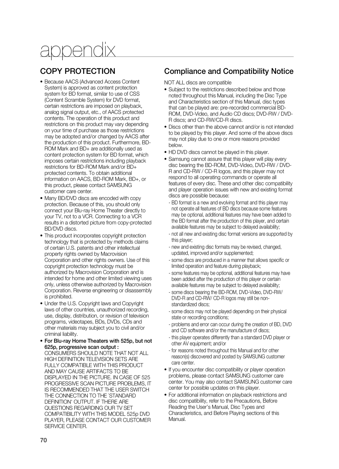 Samsung HT-BD2S manual Copy Protection, Compliance and Compatibility Notice, appendix 
