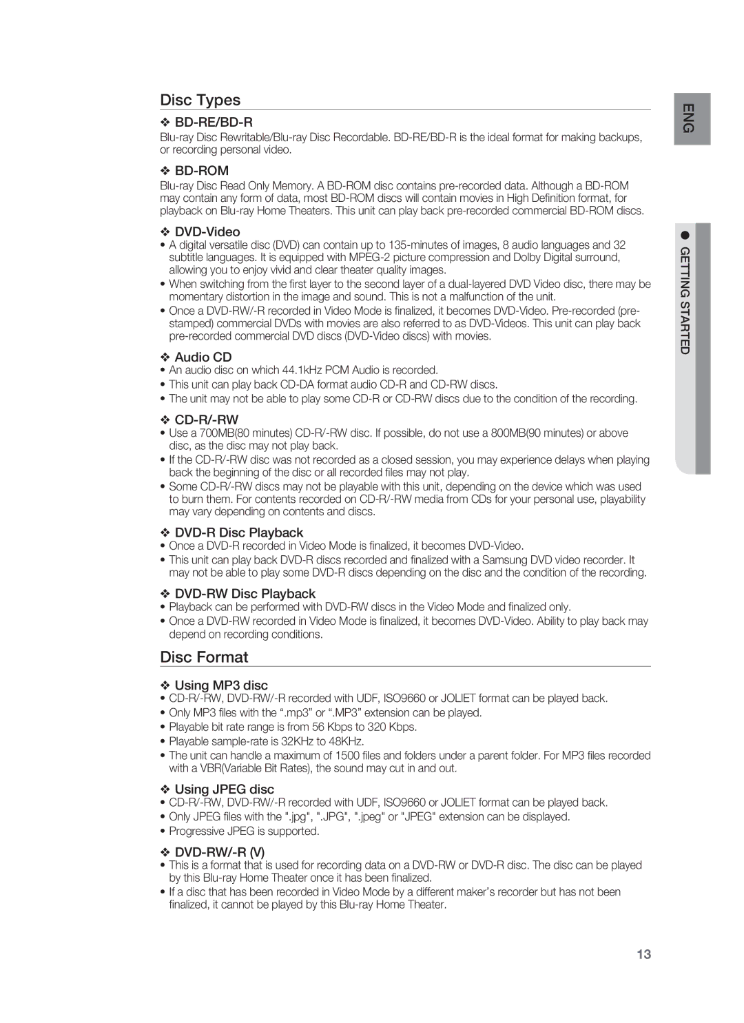 Samsung HT-BD3252 user manual Disc Types, Disc Format 