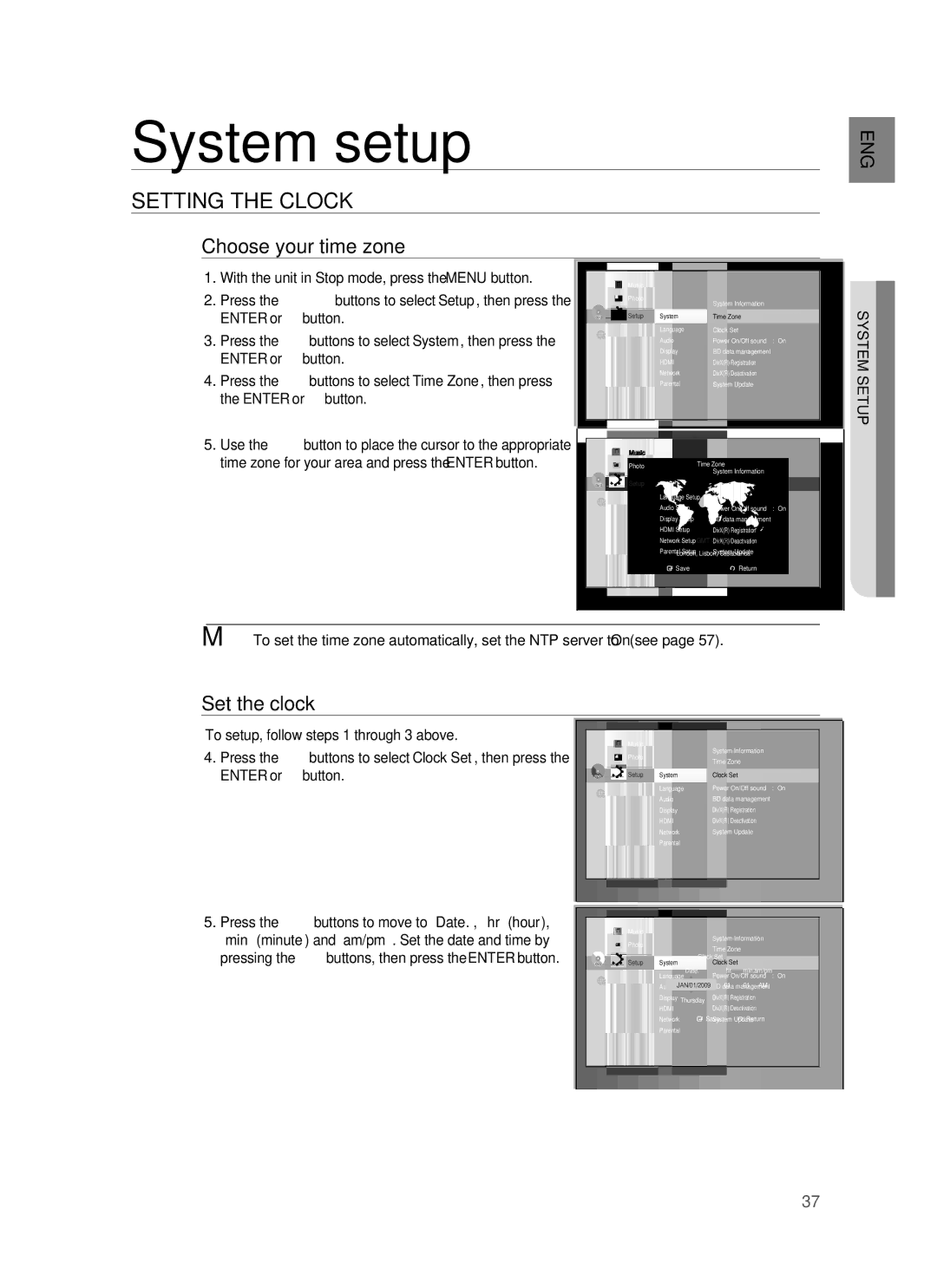 Samsung HT-BD3252 user manual System setup, Setting the Clock, Choose your time zone, Set the clock, System Setup 