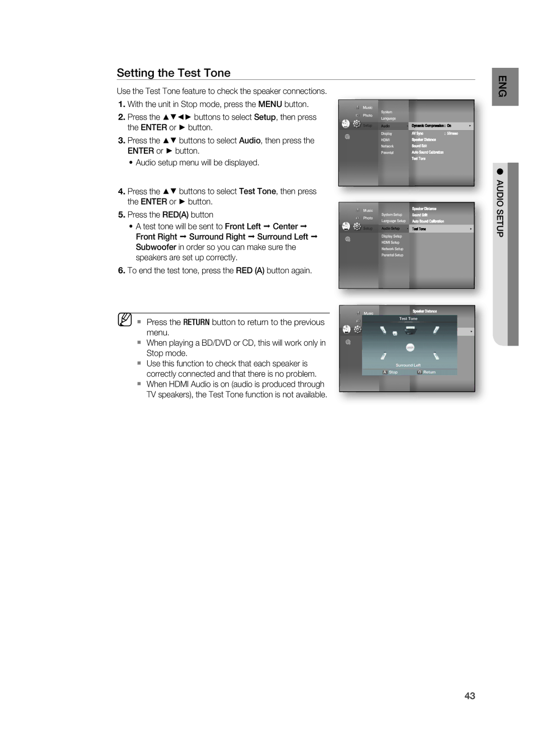 Samsung HT-BD3252 user manual Setting the Test Tone, Menu, Stop mode, Use this function to check that each speaker is 