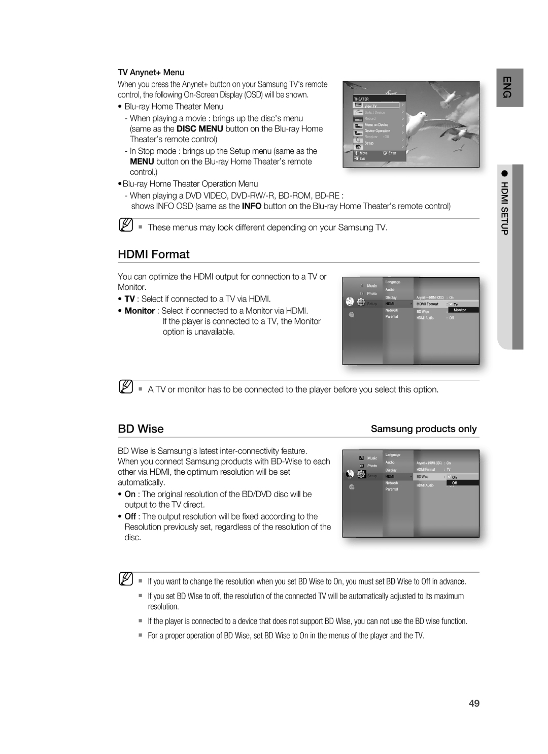 Samsung HT-BD3252 user manual Hdmi Format, Hdmi Setup, BD Wise is Samsungs latest inter-connectivity feature, Automatically 