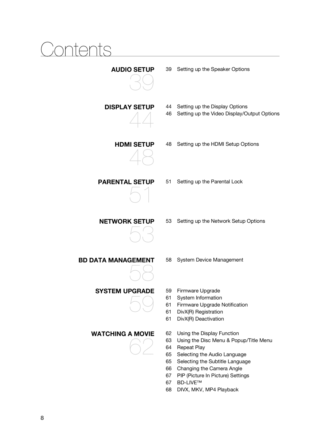 Samsung HT-BD3252 user manual Audio Setup 39 Setting up the Speaker Options, Bd-Live, DIVX, MKV, MP4 Playback 