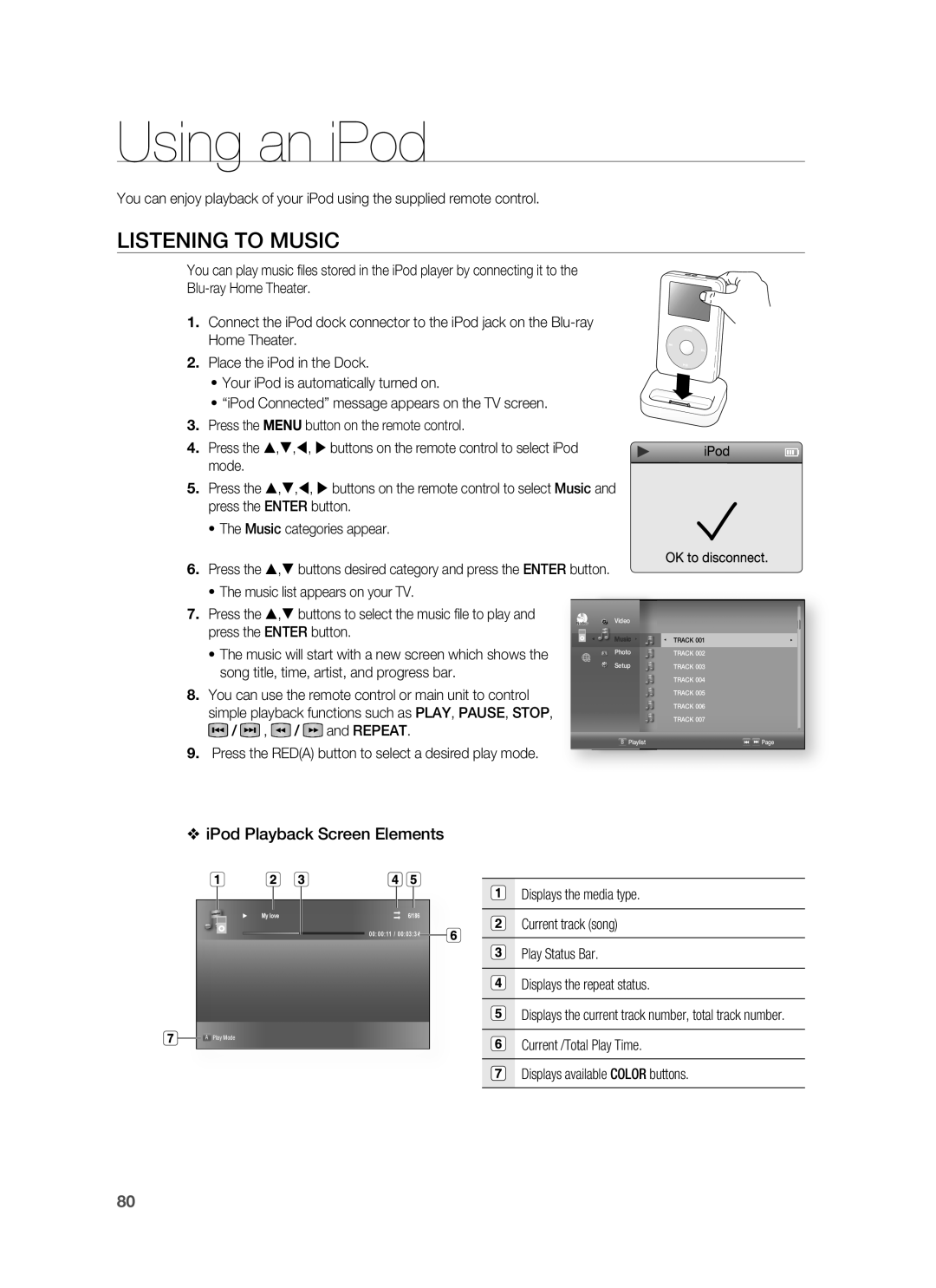 Samsung HT-BD3252 user manual Using an iPod, Listening to Music, IPod Playback Screen Elements 