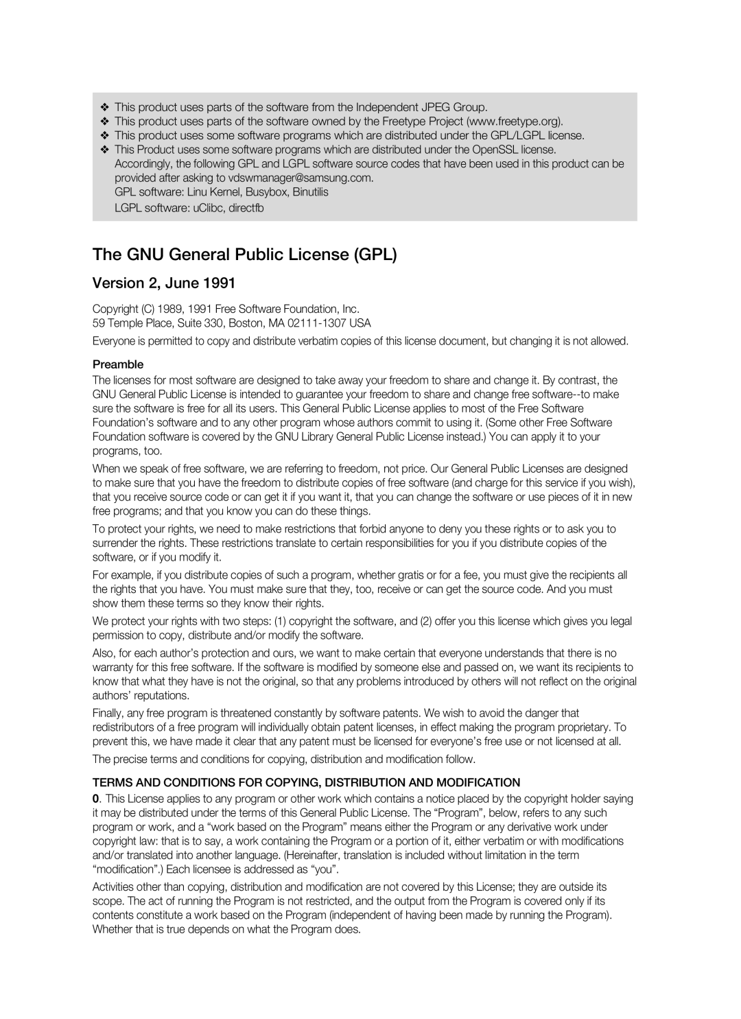 Samsung HT-BD3252 user manual The GNU General Public License GPL, Version 2, June 