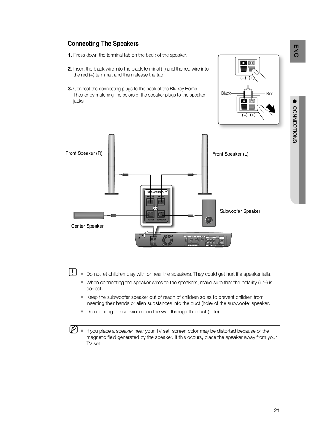 Samsung HT-BD3252 user manual Connecting The Speakers 