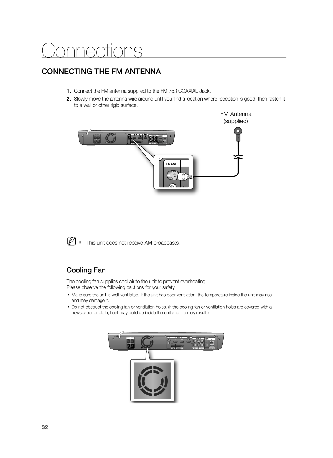 Samsung HT-BD3252 user manual Connecting The Fm Antenna, Cooling Fan, Connections 