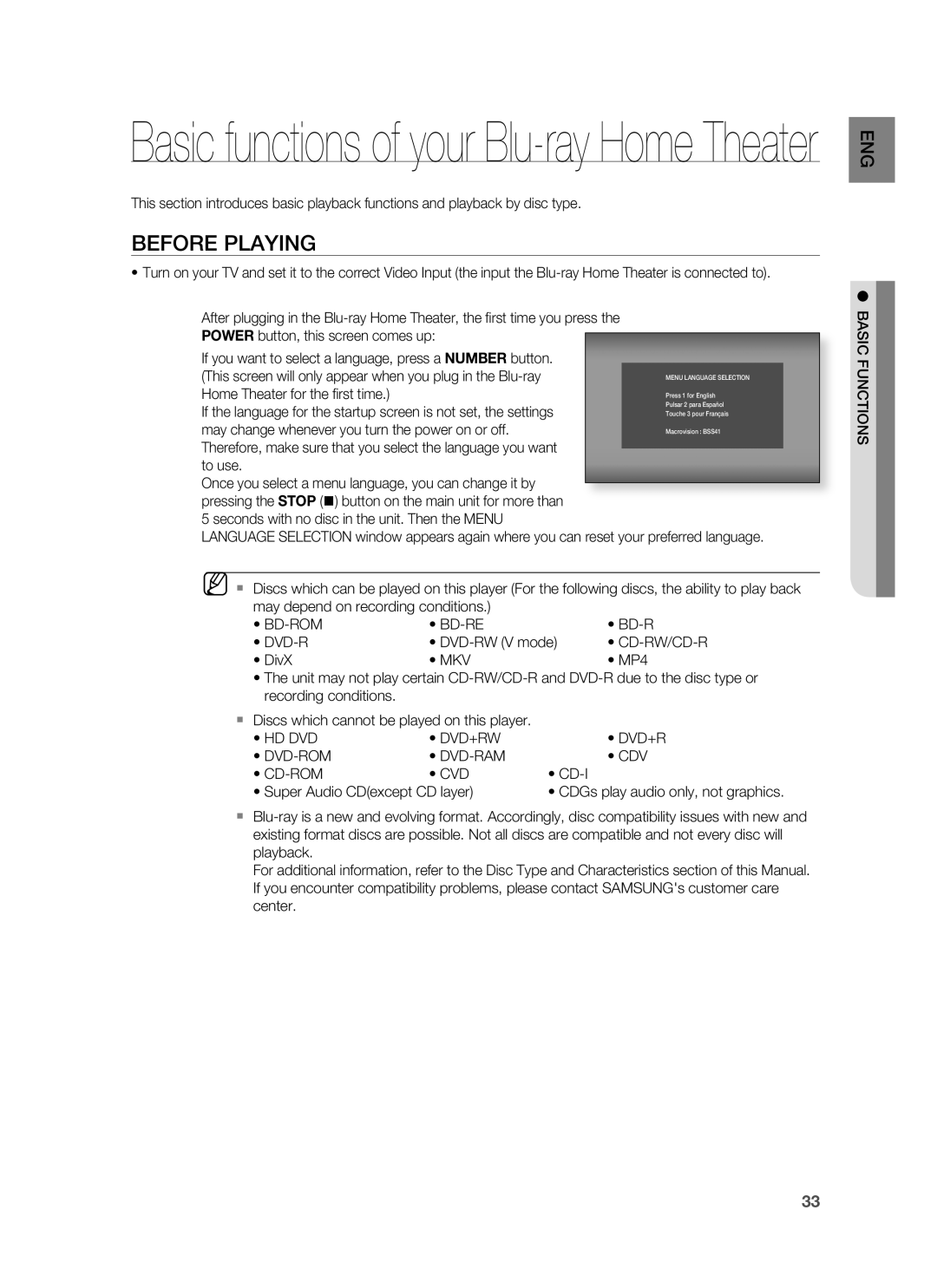 Samsung HT-BD3252 user manual Before Playing, Basic functions of your Blu-rayHome Theater 