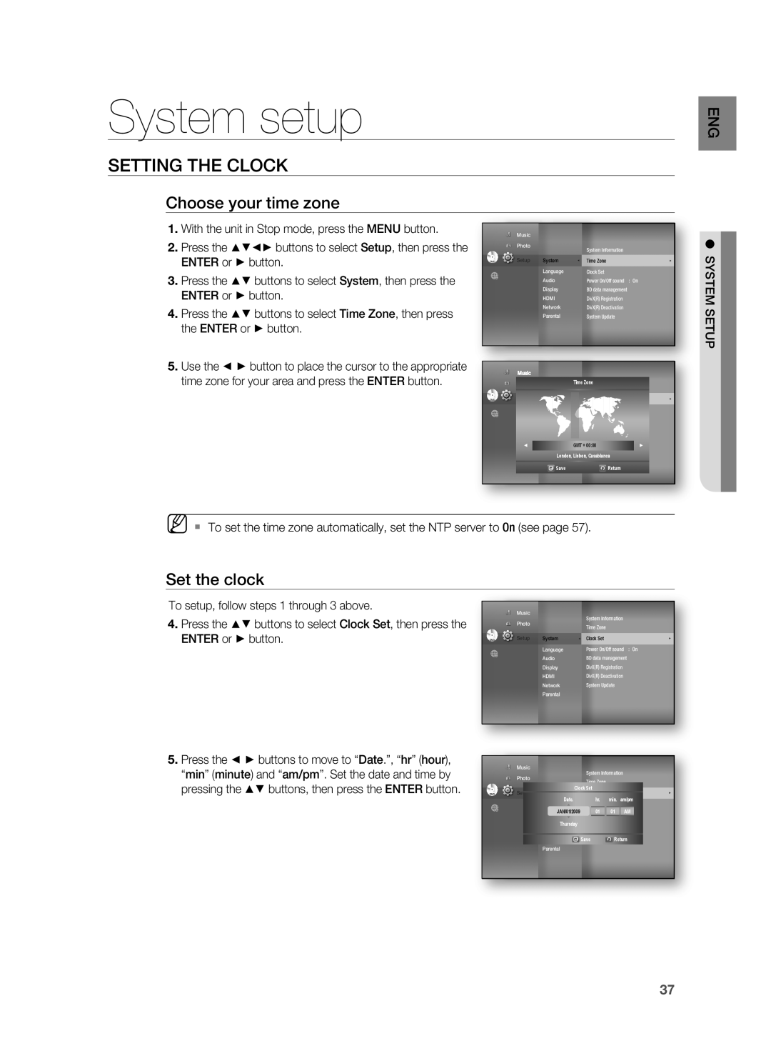 Samsung HT-BD3252 user manual System setup, Setting The Clock, Choose your time zone, Set the clock, ENTER or button 