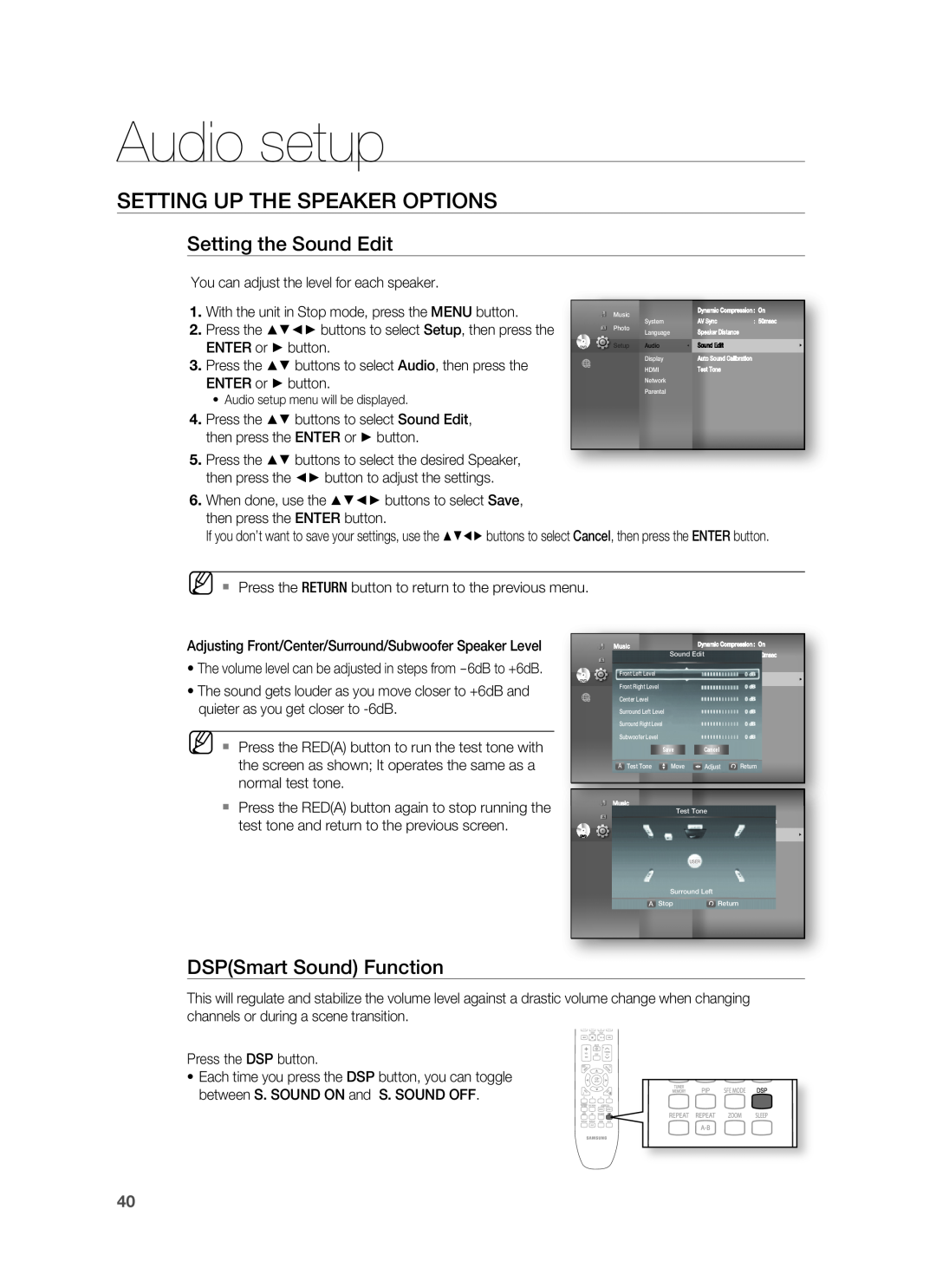 Samsung HT-BD3252 user manual Setting the Sound Edit, DSPSmart Sound Function, Audio setup, Setting Up The Speaker Options 