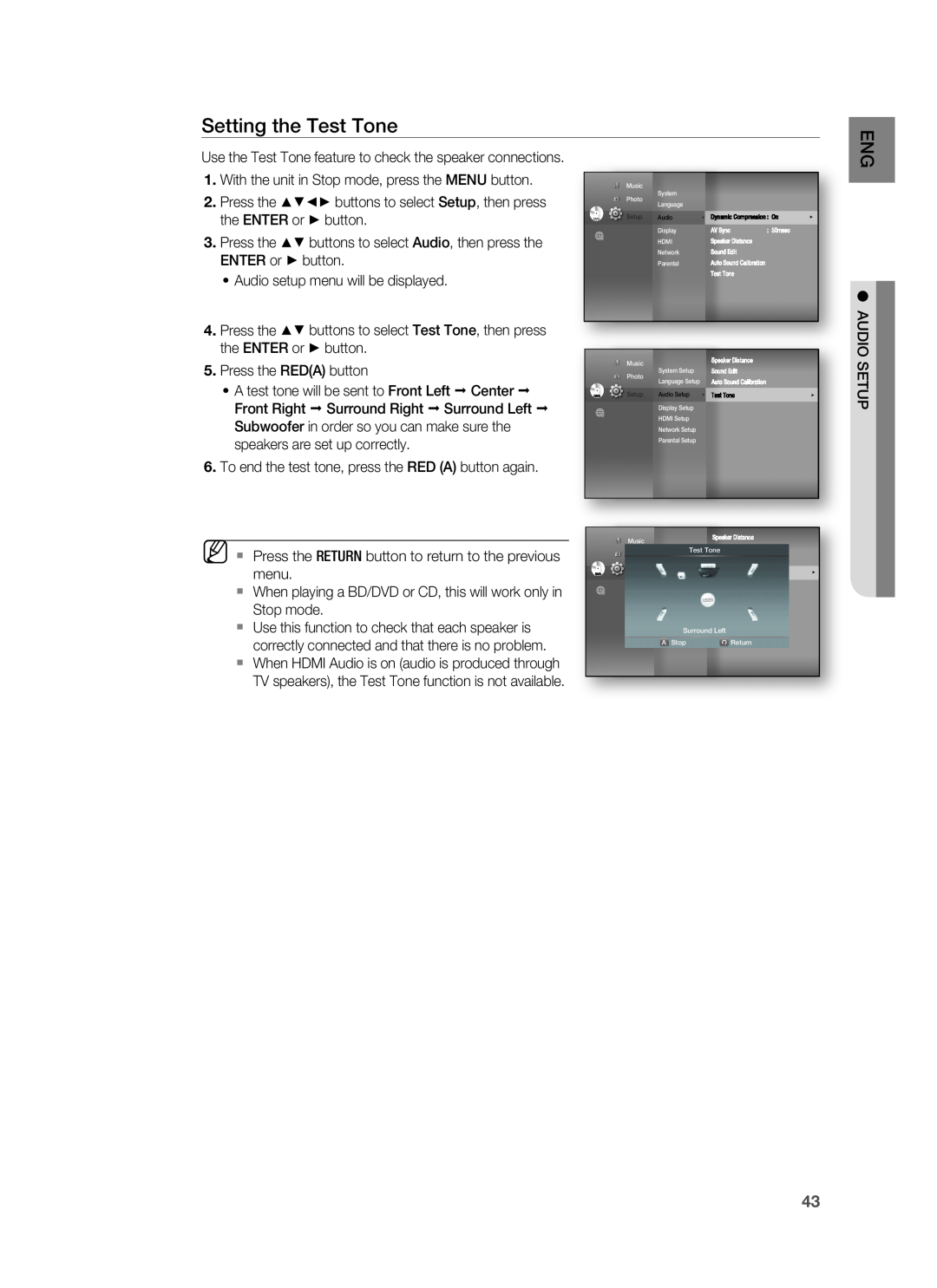 Samsung HT-BD3252 user manual Setting the Test Tone, menu, Stop mode, Use this function to check that each speaker is 