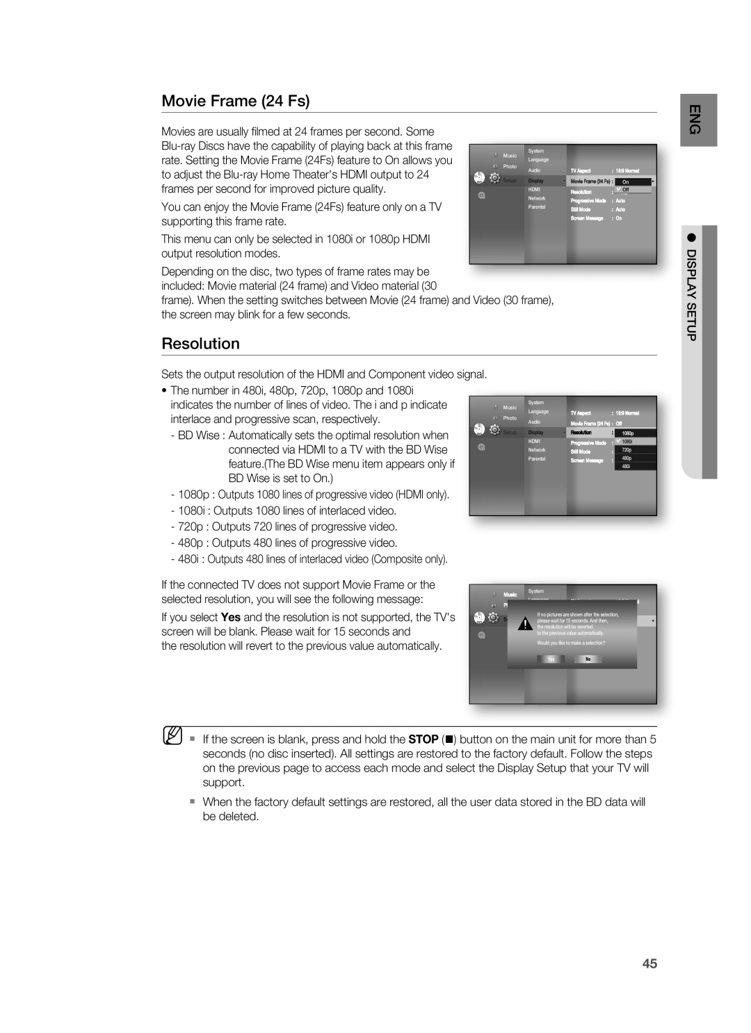 Samsung HT-BD3252 user manual Movie Frame 24 Fs, Resolution, to adjust the Blu-rayHome Theaters HDMI output to 