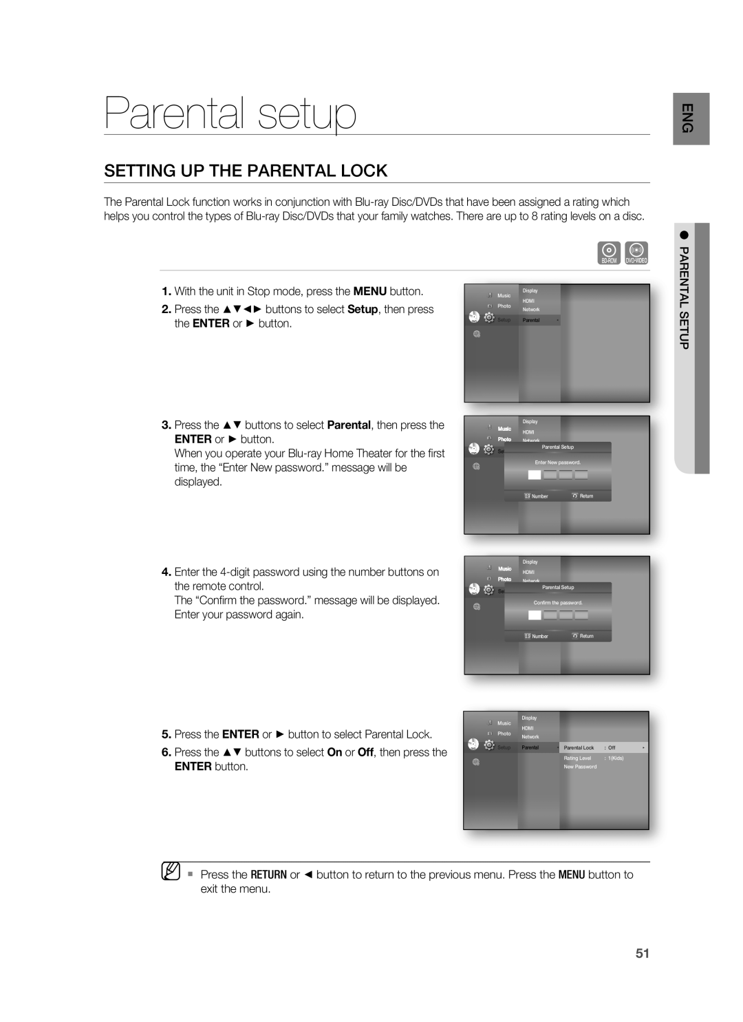 Samsung HT-BD3252 user manual Parental setup, Setting Up The Parental Lock, the ENTER or button, displayed, ENTER button 