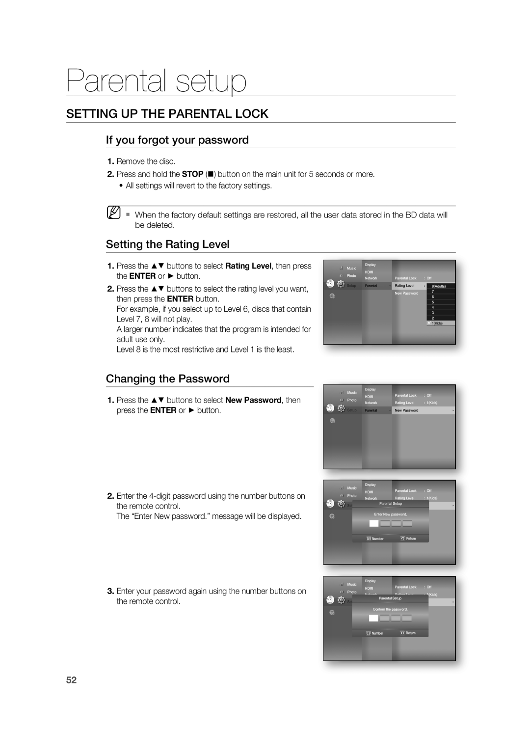 Samsung HT-BD3252 user manual If you forgot your password, Setting the Rating Level, Changing the Password, Parental setup 