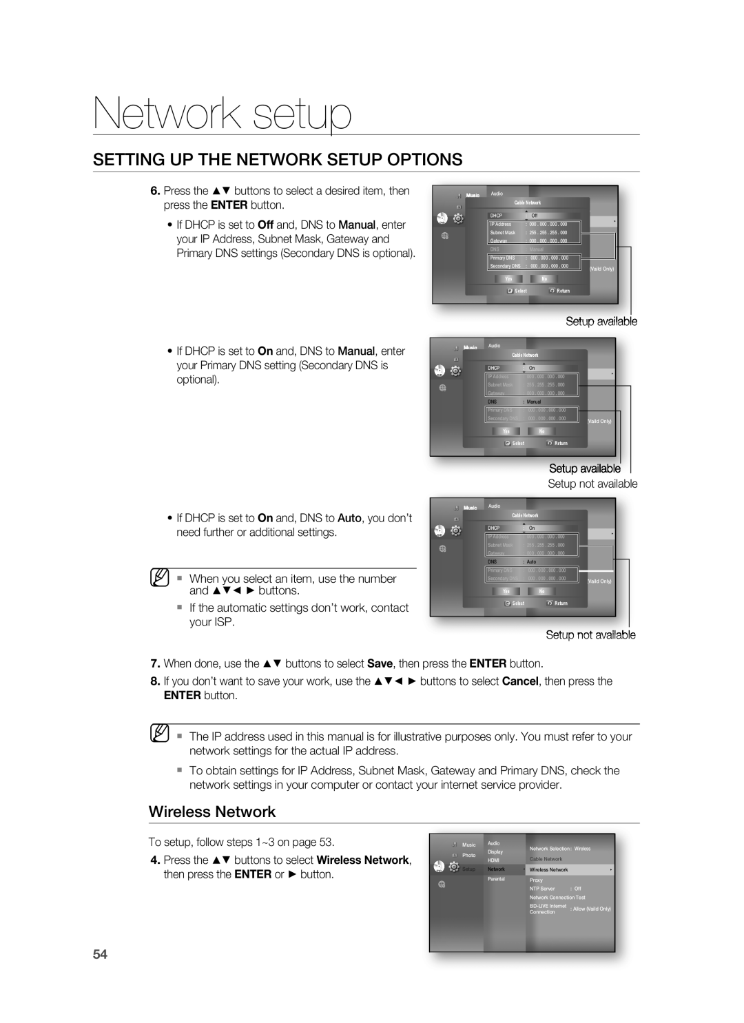 Samsung HT-BD3252 user manual Network setup, Wireless Network, Setting Up The Network Setup Options 