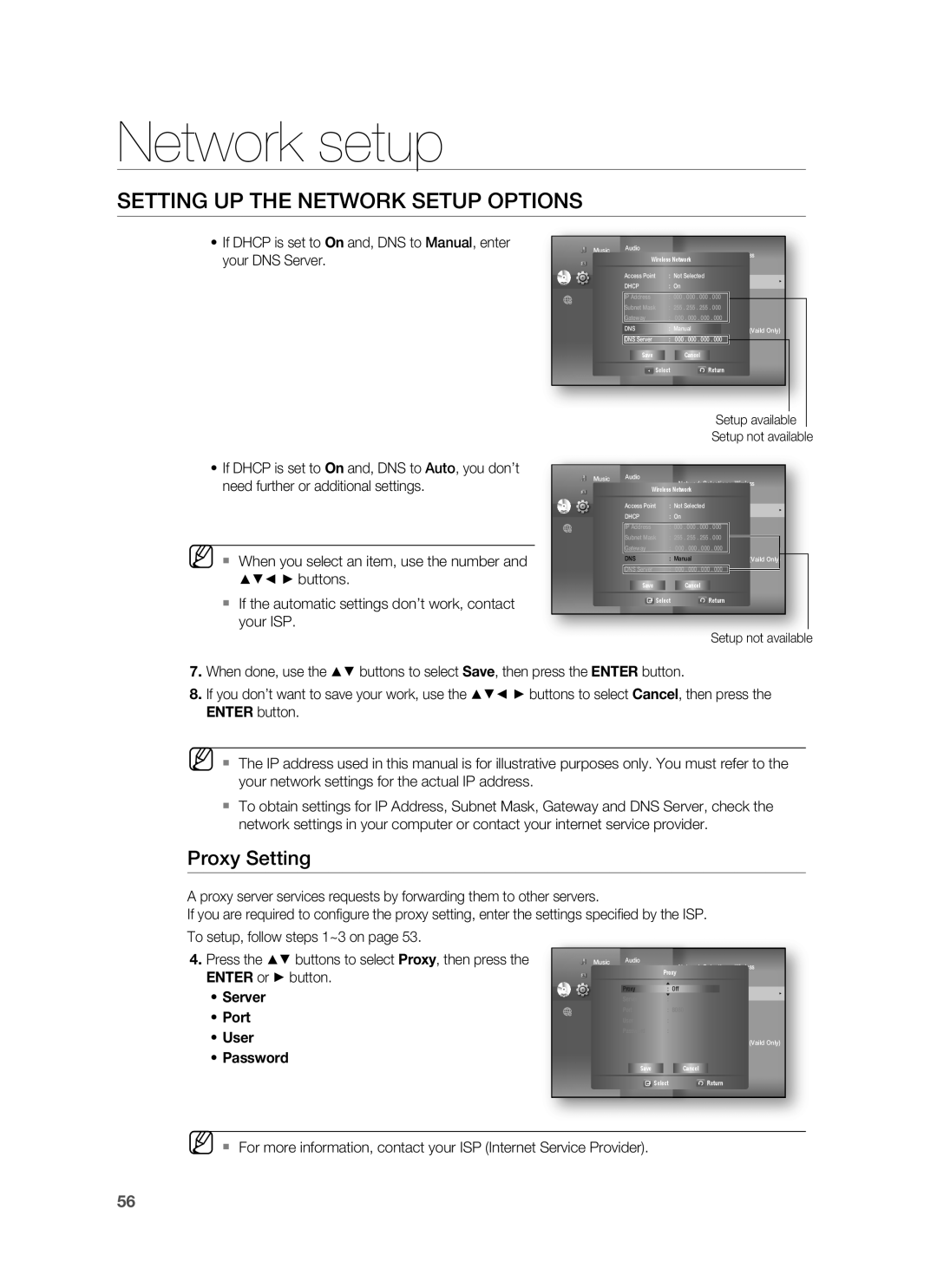 Samsung HT-BD3252 user manual Proxy Setting, Network setup, Setting Up The Network Setup Options, Server Port User Password 