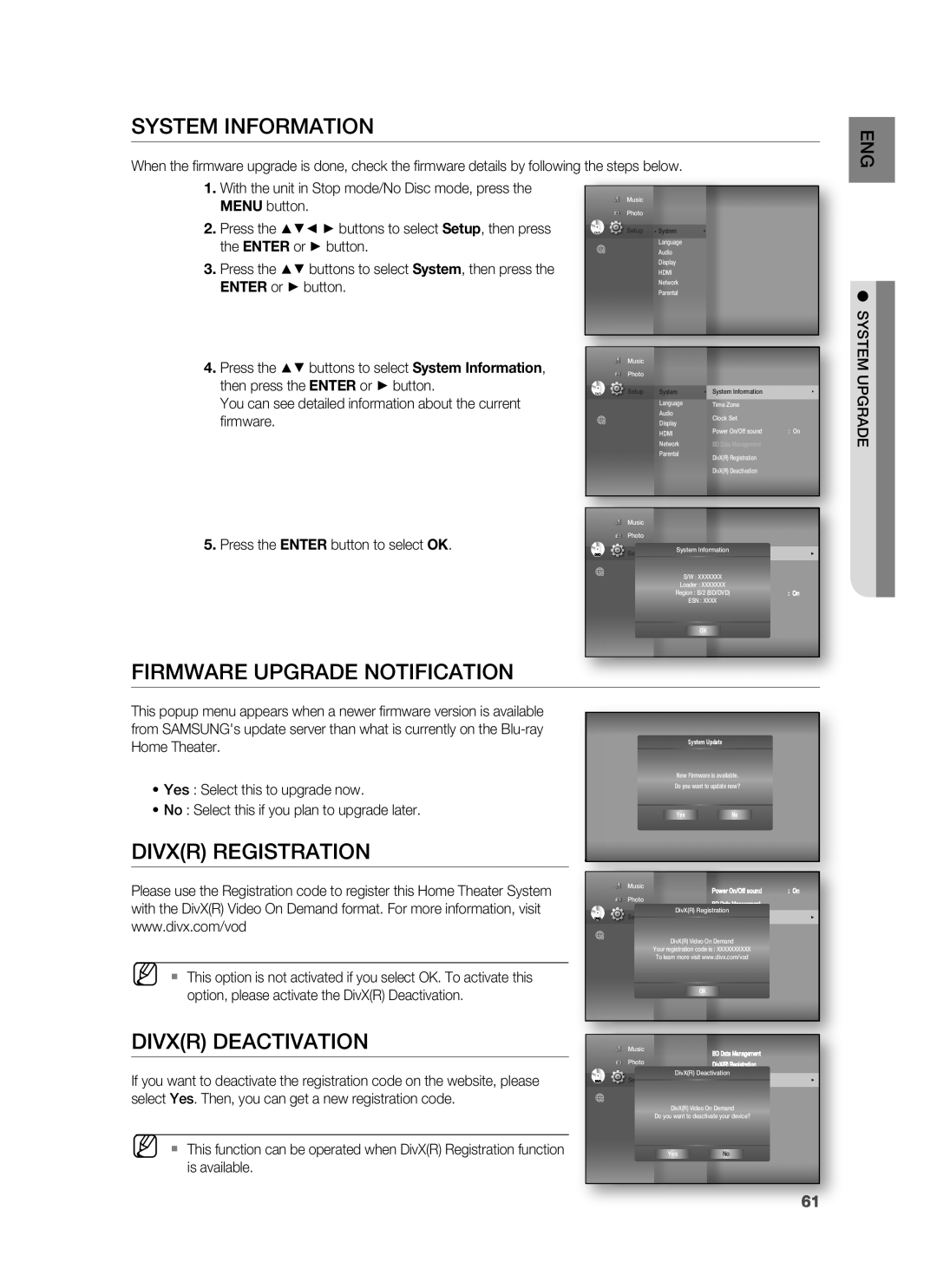 Samsung HT-BD3252 user manual System Information, Firmware Upgrade Notification, Divxr Registration, Divxr Deactivation 