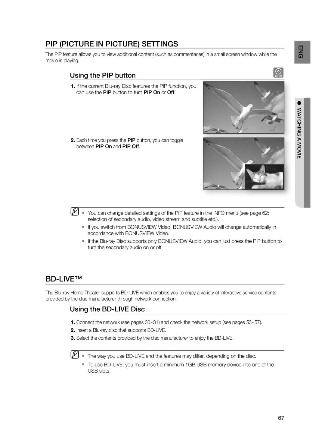 Samsung HT-BD3252 user manual Pip Picture In Picture Settings, Bd-Live, Using the PIP button, Using the BD-LIVEDisc 