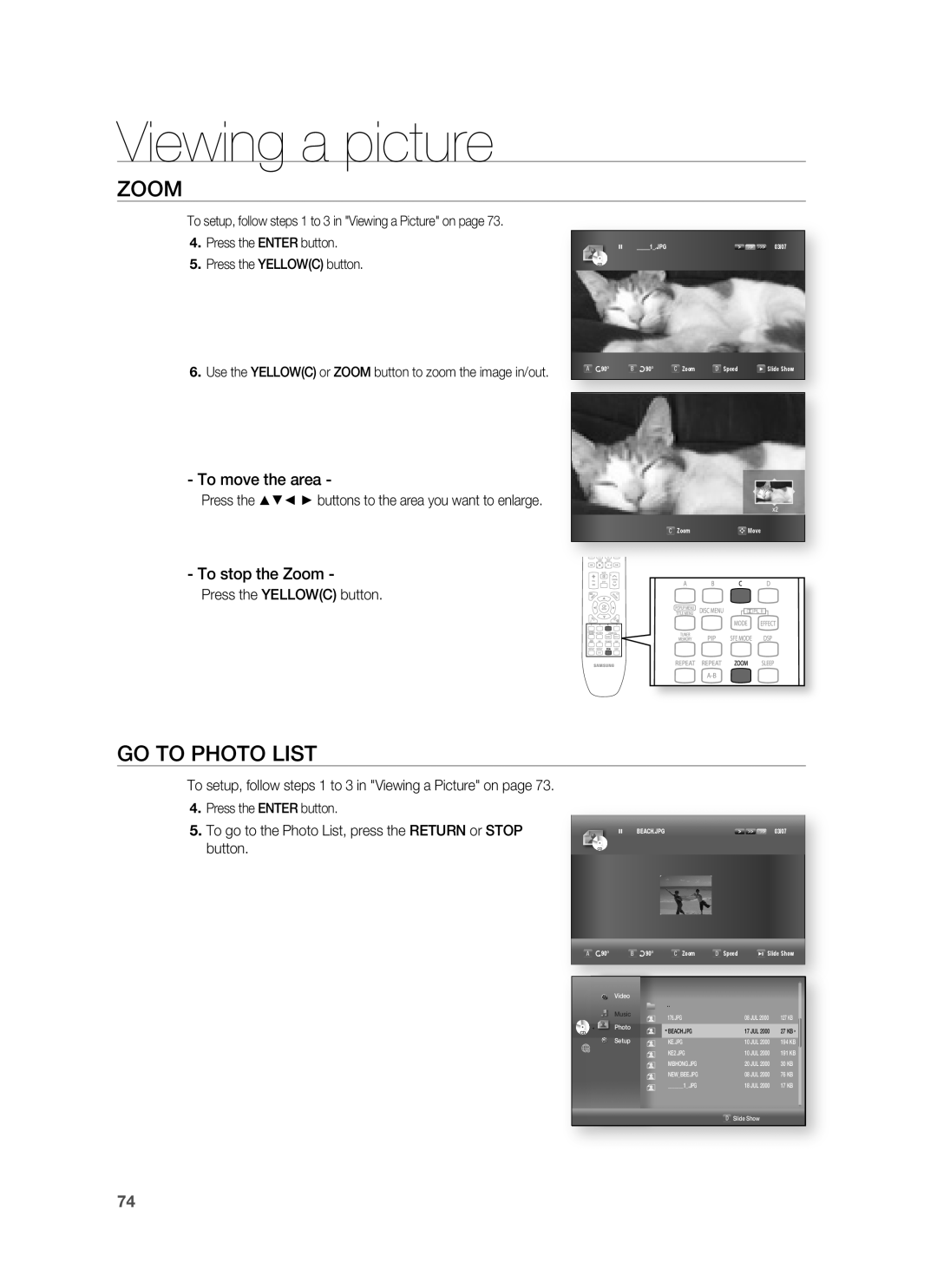 Samsung HT-BD3252 user manual Go To Photo List, Viewing a picture, To move the area, To stop the Zoom 