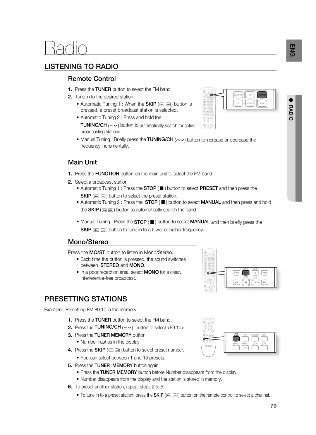 Samsung HT-BD3252 user manual Listening To Radio, Presetting Stations, Remote Control, Main Unit, Mono/Stereo 