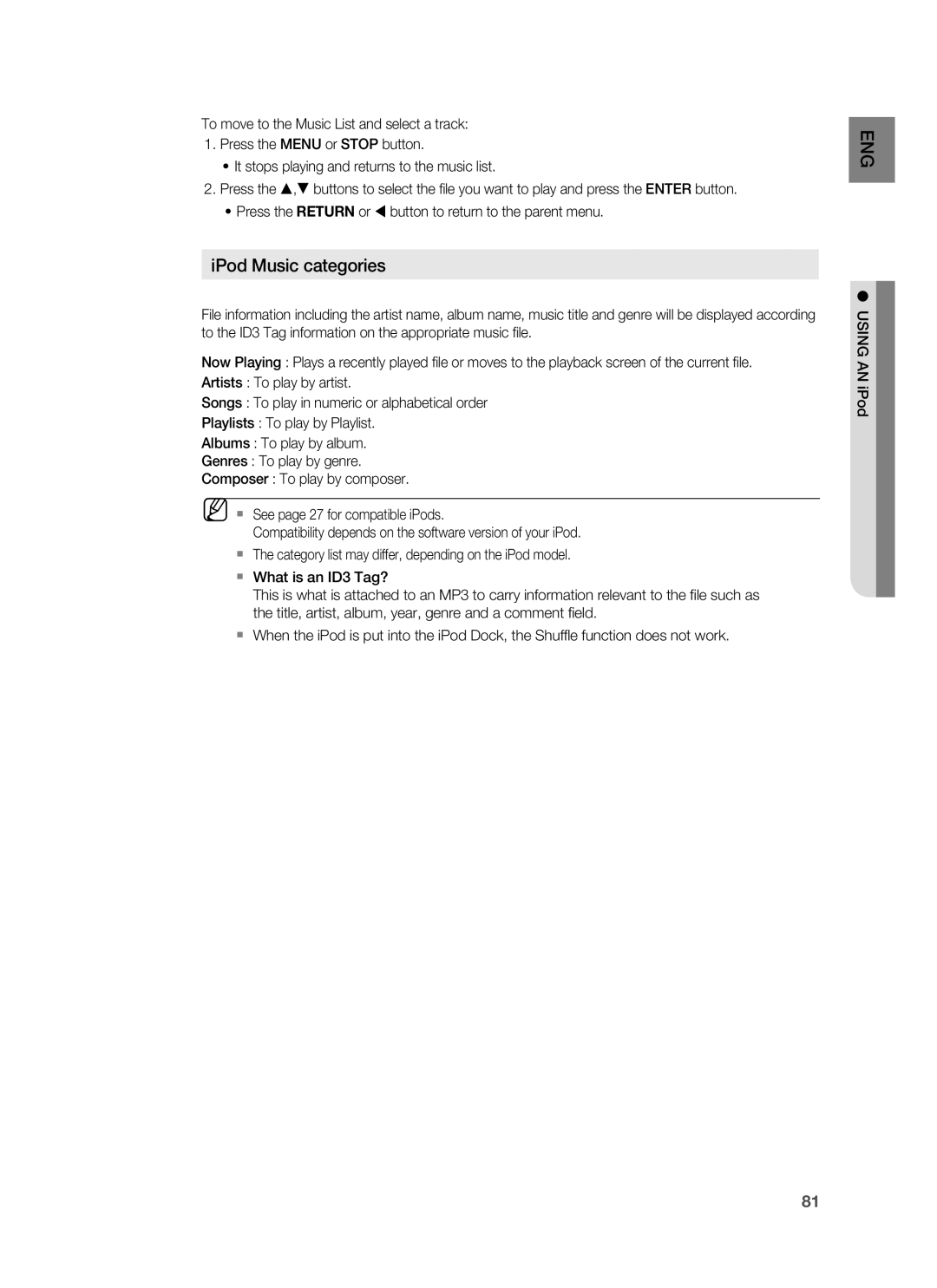 Samsung HT-BD3252 user manual iPod Music categories 