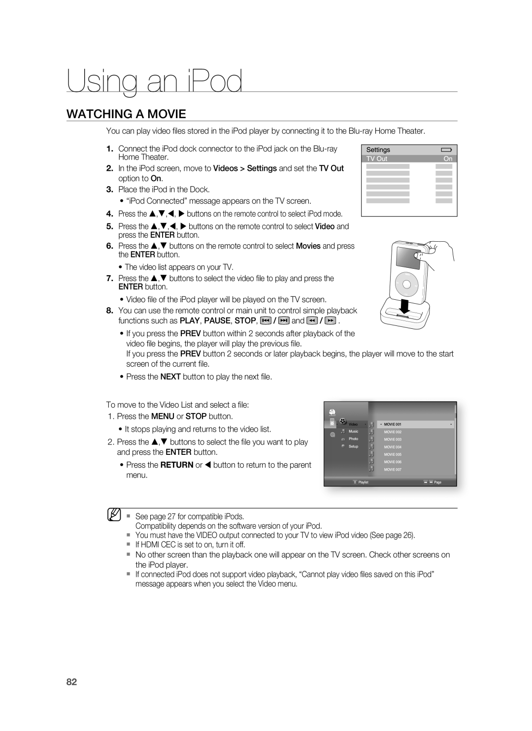 Samsung HT-BD3252 user manual Watching A Movie, Using an iPod 
