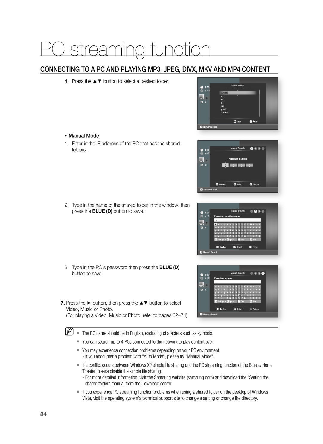 Samsung HT-BD3252 user manual PC streaming function, Press the button to select a desired folder 