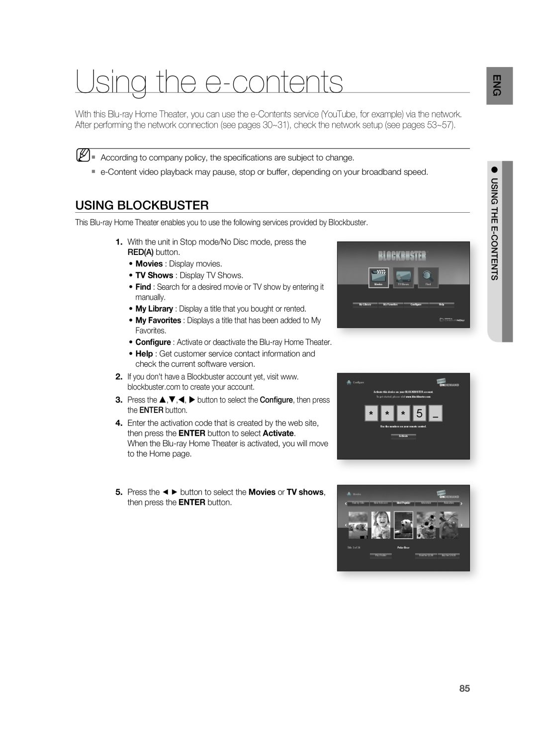 Samsung HT-BD3252 user manual Using the e-contents, Using Blockbuster, • TV Shows : Display TV Shows, manually 