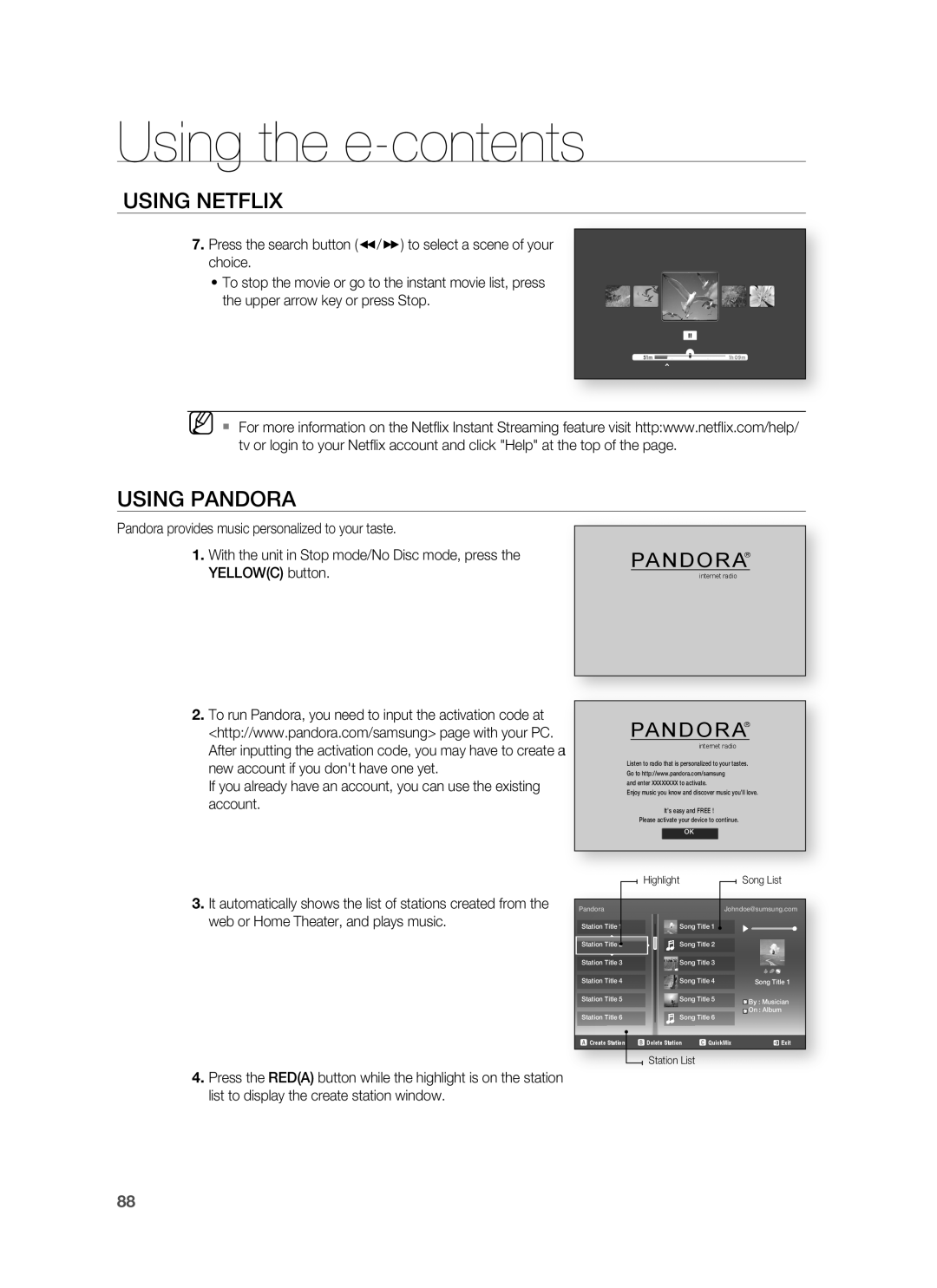 Samsung HT-BD3252 user manual Using Pandora, Using the e-contents, Using Netflix 