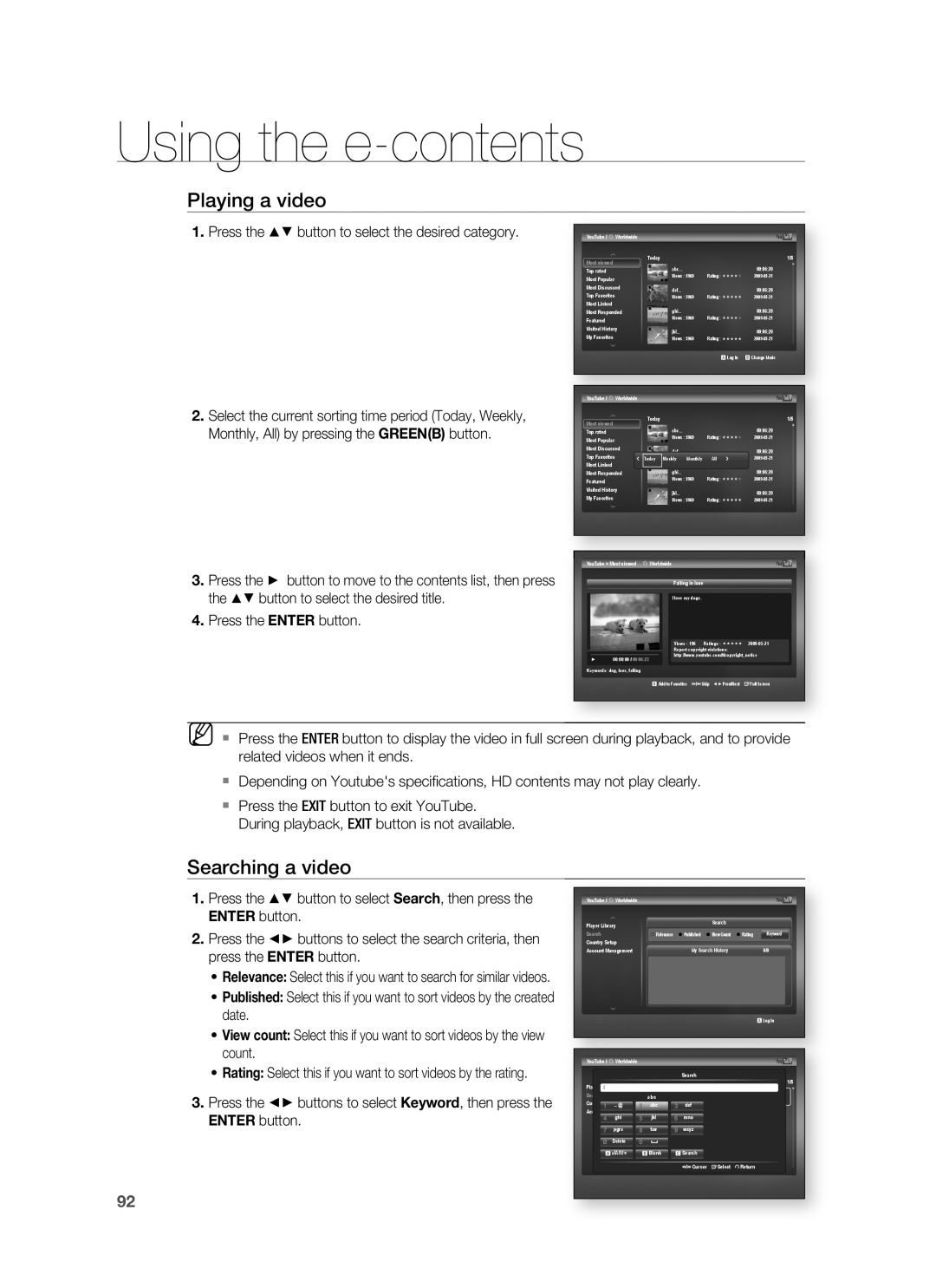 Samsung HT-BD3252 user manual Playing a video, Searching a video, Using the e-contents 