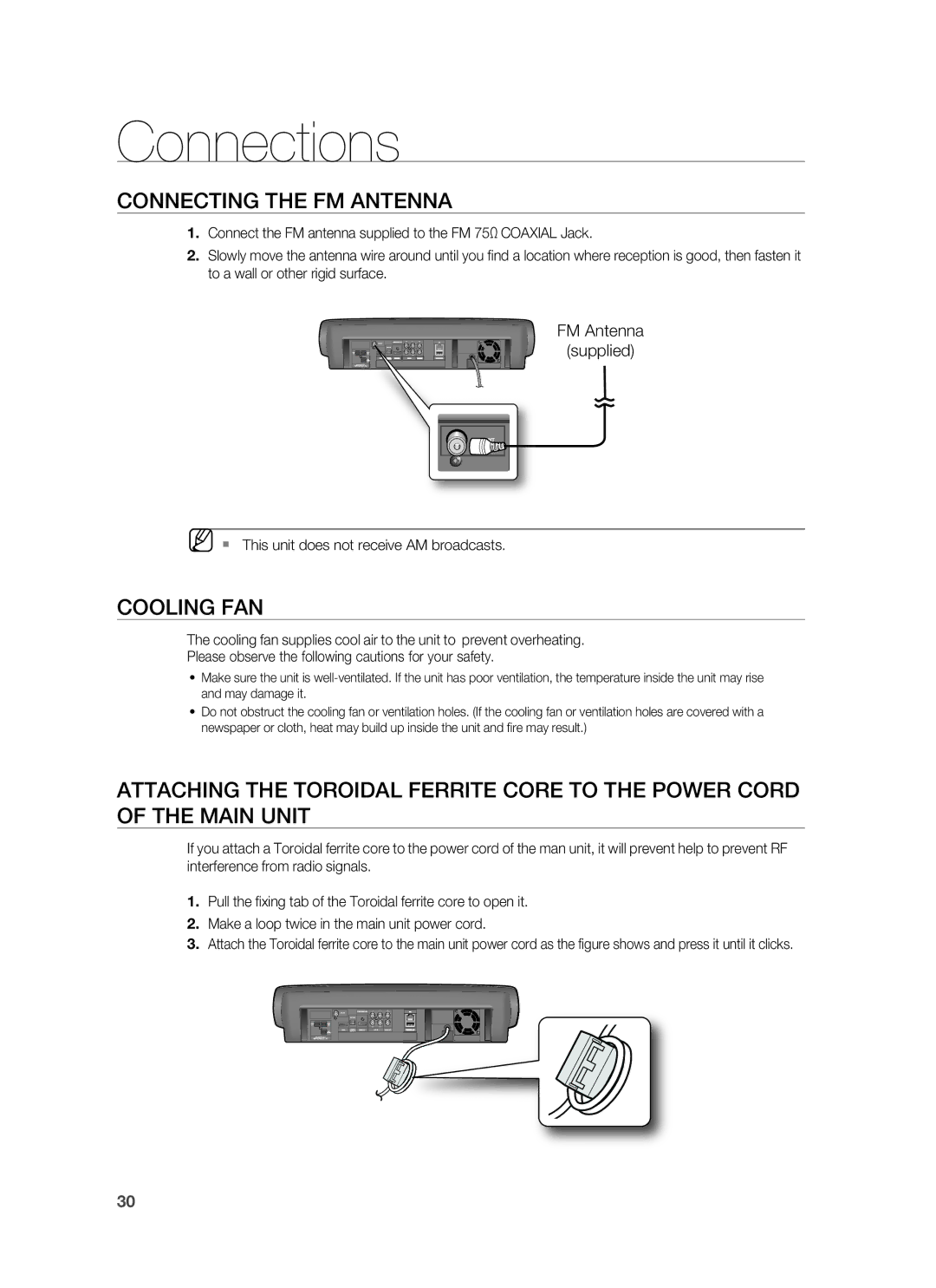 Samsung HT-BD6200R/XEE, HT-BD6200R/EDC Connecting the FM Antenna, Cooling FAN,  This unit does not receive AM broadcasts 