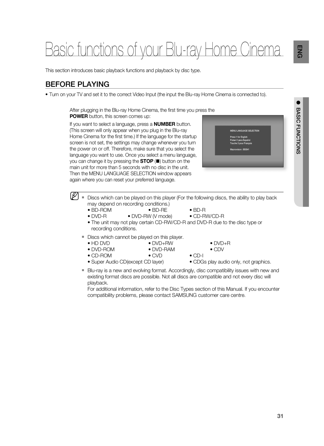 Samsung HT-BD6200R/EDC, HT-BD6200R/XEE manual Before Playing, Hd Dvd Dvd+Rw Dvd-Rom Dvd-Ram Cdv Cd-Rom Cvd, Basic Functions 