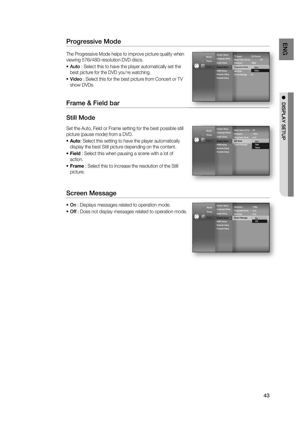 Samsung HT-BD6200R/EDC Progressive Mode, Frame & Field bar, Screen Message, On Displays messages related to operation mode 