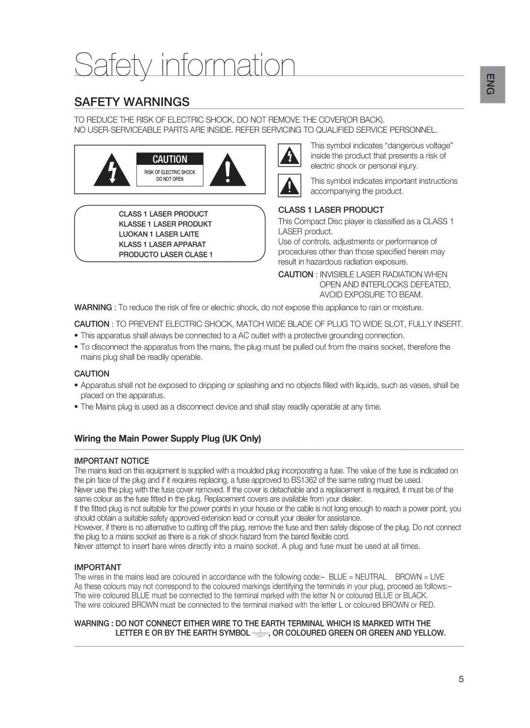 Samsung HT-BD6200R/EDC, HT-BD6200R/XEE manual Safety information, Safety Warnings, Class 1 Laser Product, Important Notice 