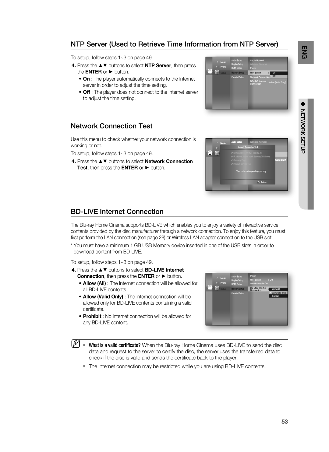 Samsung HT-BD6200R/EDC, HT-BD6200R/XEE manual Network Connection Test, BD-LIVE Internet Connection, Setup 