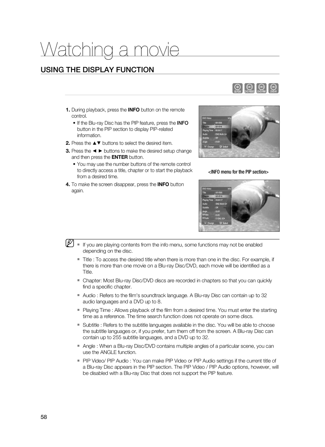 Samsung HT-BD6200R/XEE, HT-BD6200R/EDC manual Watching a movie, Using the Display Function, Info menu for the PIP section 