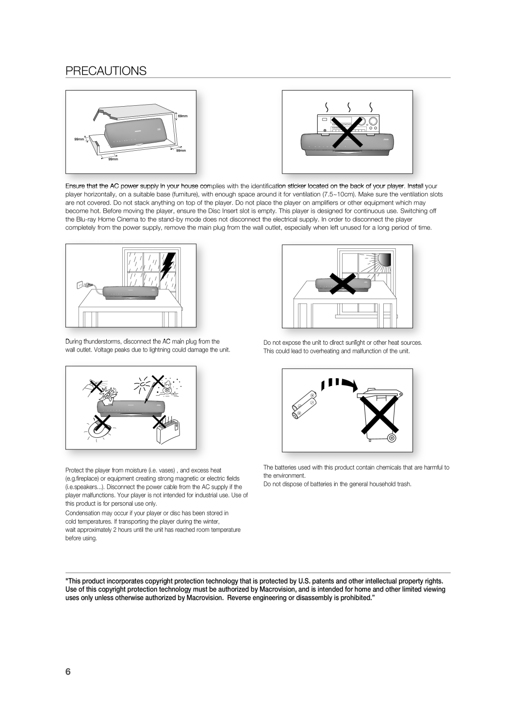 Samsung HT-BD6200R/XEE, HT-BD6200R/EDC manual Precautions 