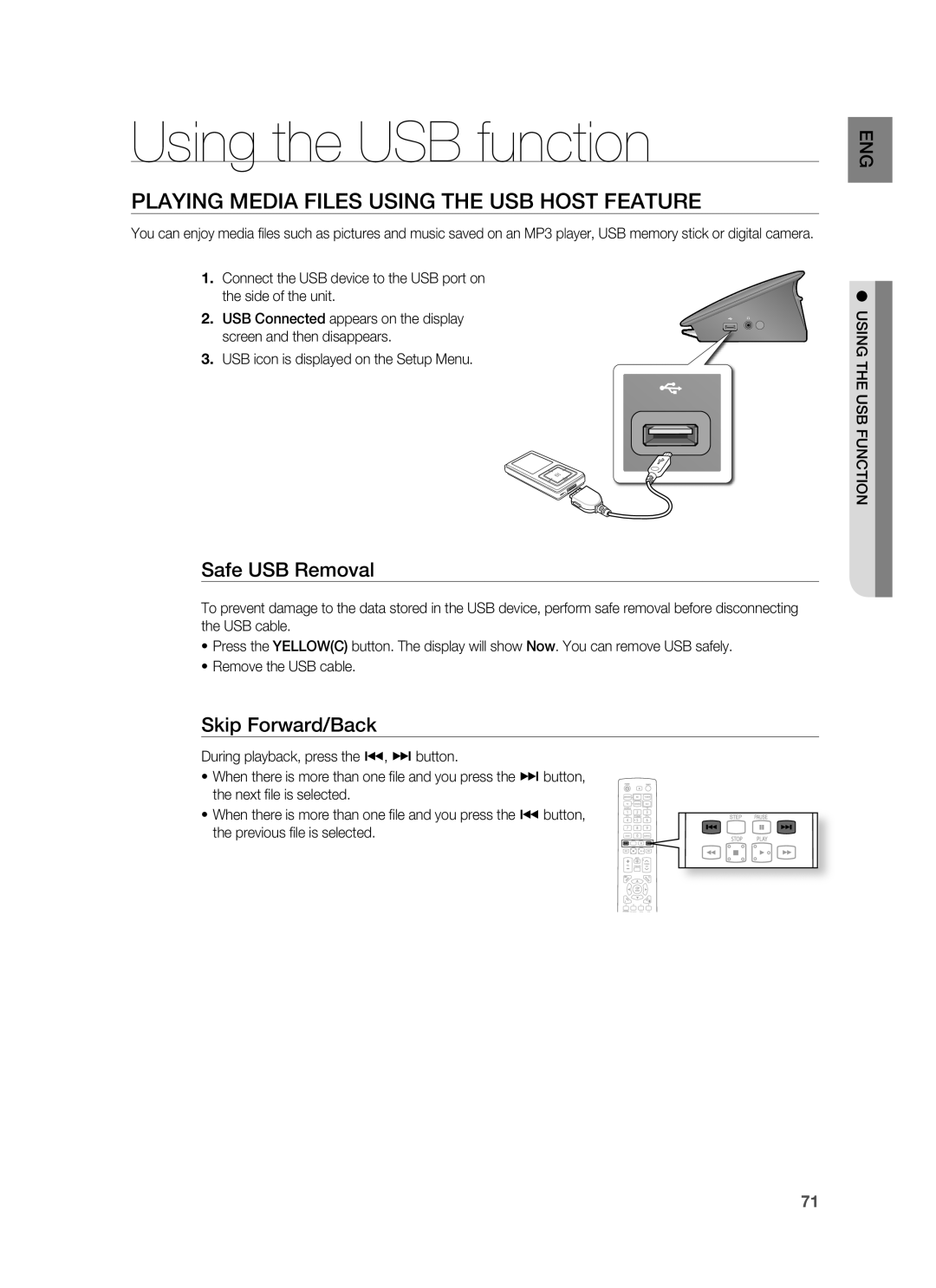 Samsung HT-BD6200R/EDC manual Using the USB function, Playing Media Files Using the USB Host Feature, Safe USB Removal 