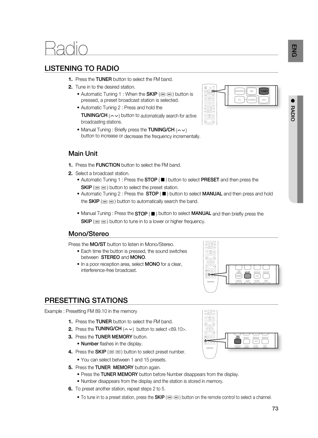 Samsung HT-BD6200R/EDC, HT-BD6200R/XEE manual Listening to Radio, Presetting Stations, Main Unit, Mono/Stereo 