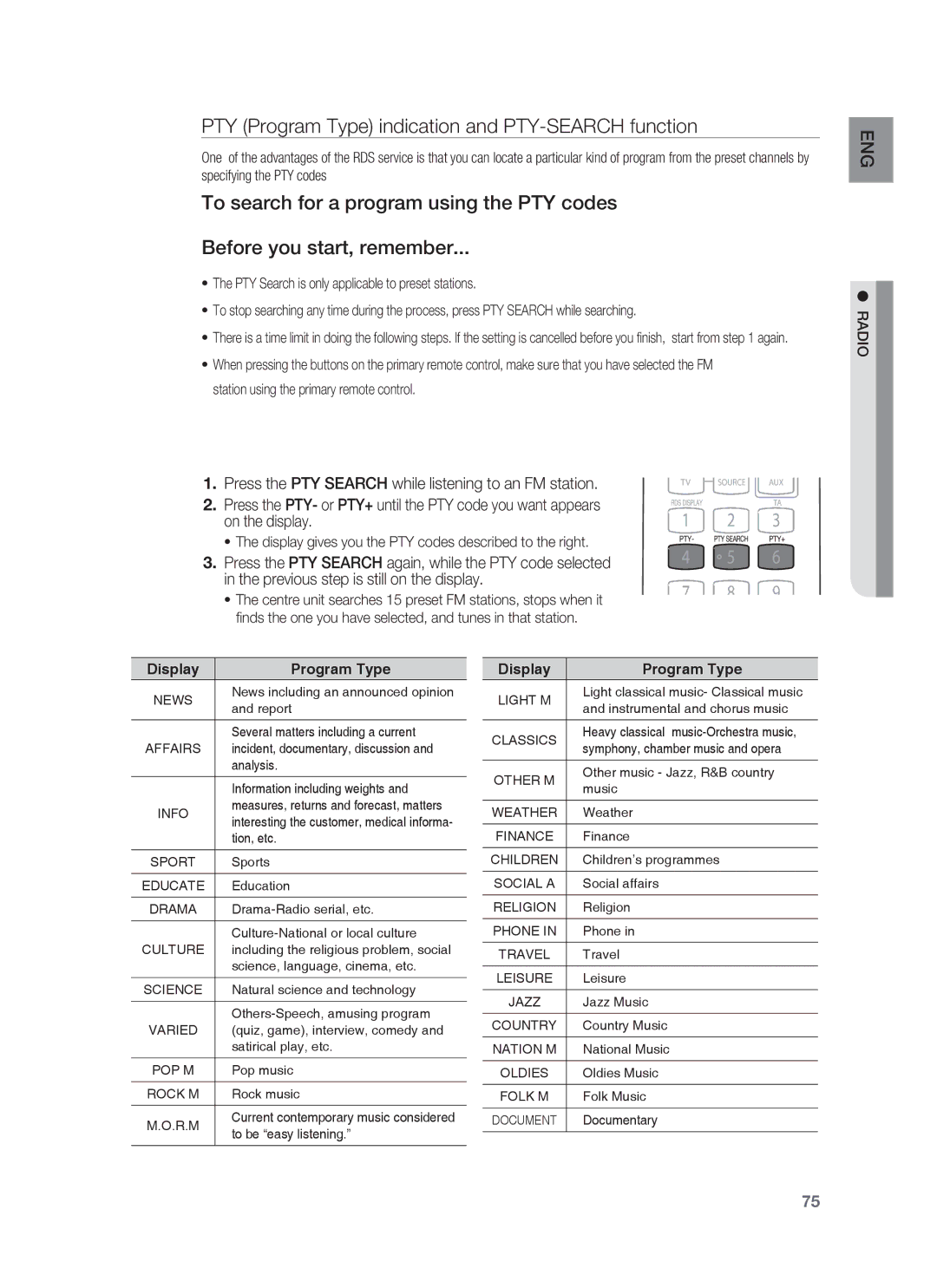 Samsung HT-BD6200R/EDC, HT-BD6200R/XEE manual PTY Program Type indication and PTY-SEARCH function 