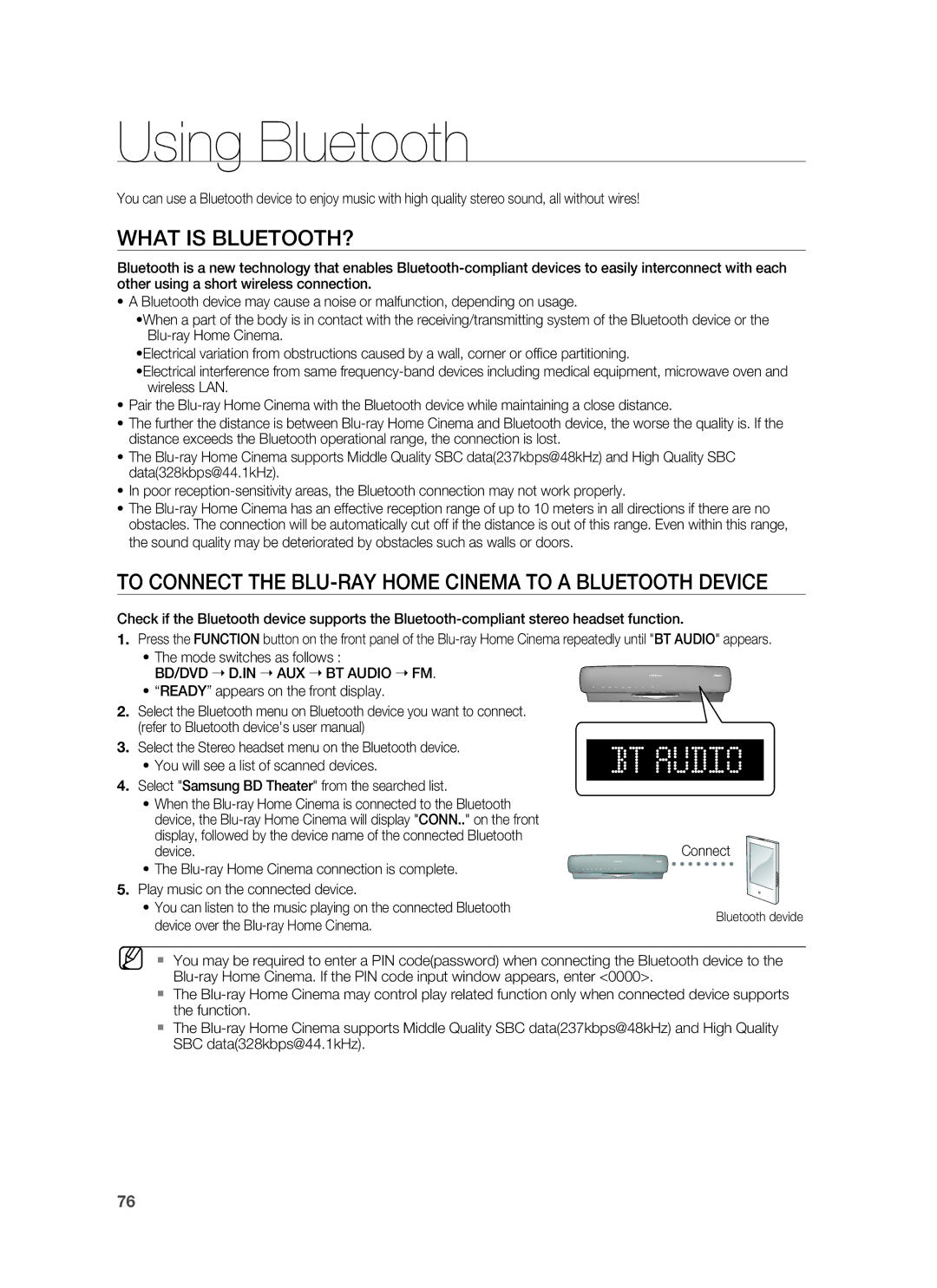 Samsung HT-BD6200R/XEE manual Using Bluetooth, What is BLUETOOTH?, To Connect the BLU-RAY Home Cinema to a Bluetooth Device 