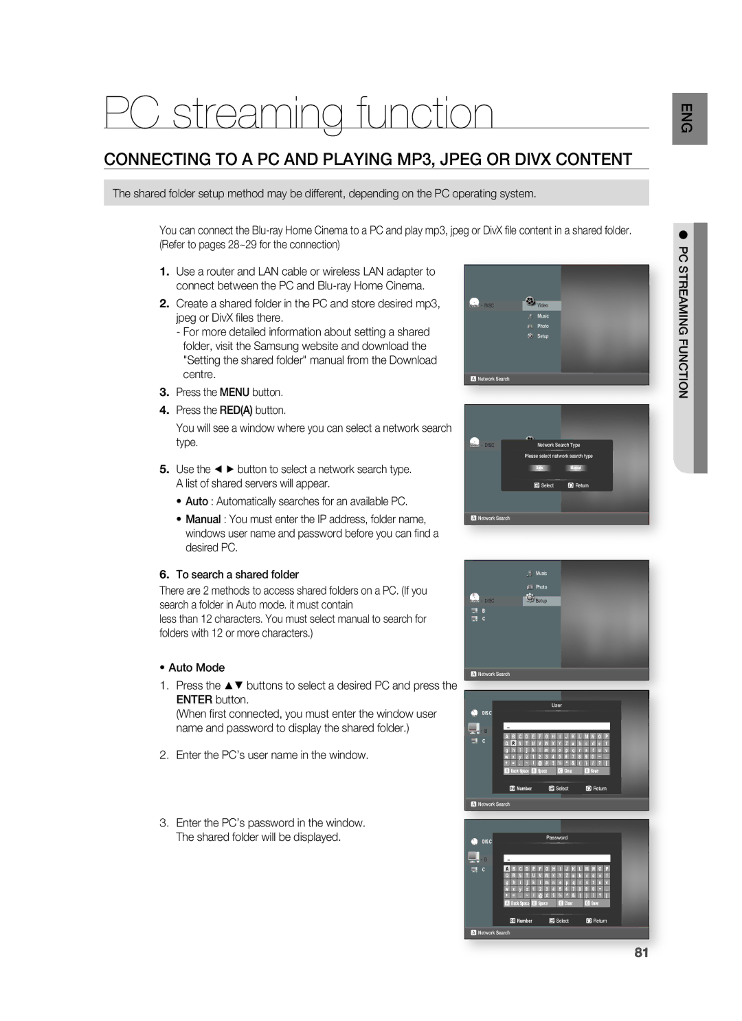 Samsung HT-BD6200R/EDC PC streaming function, Connecting to a PC and Playing MP3, Jpeg or Divx Content, Streaming Function 