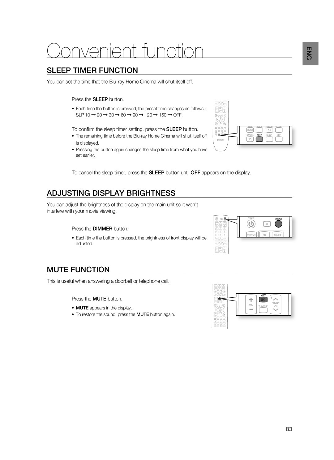 Samsung HT-BD6200R/EDC manual Convenient function, Sleep Timer Function, Adjusting Display Brightness, Mute Function 