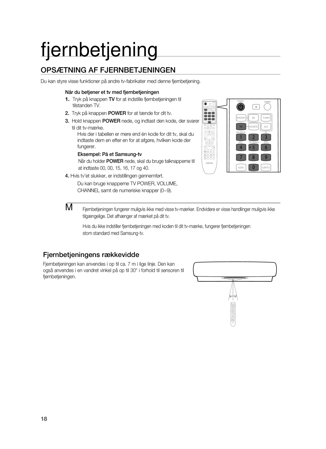 Samsung HT-BD6200R/XEE manual Opsætning AF Fjernbetjeningen, Fjernbetjeningens rækkevidde 