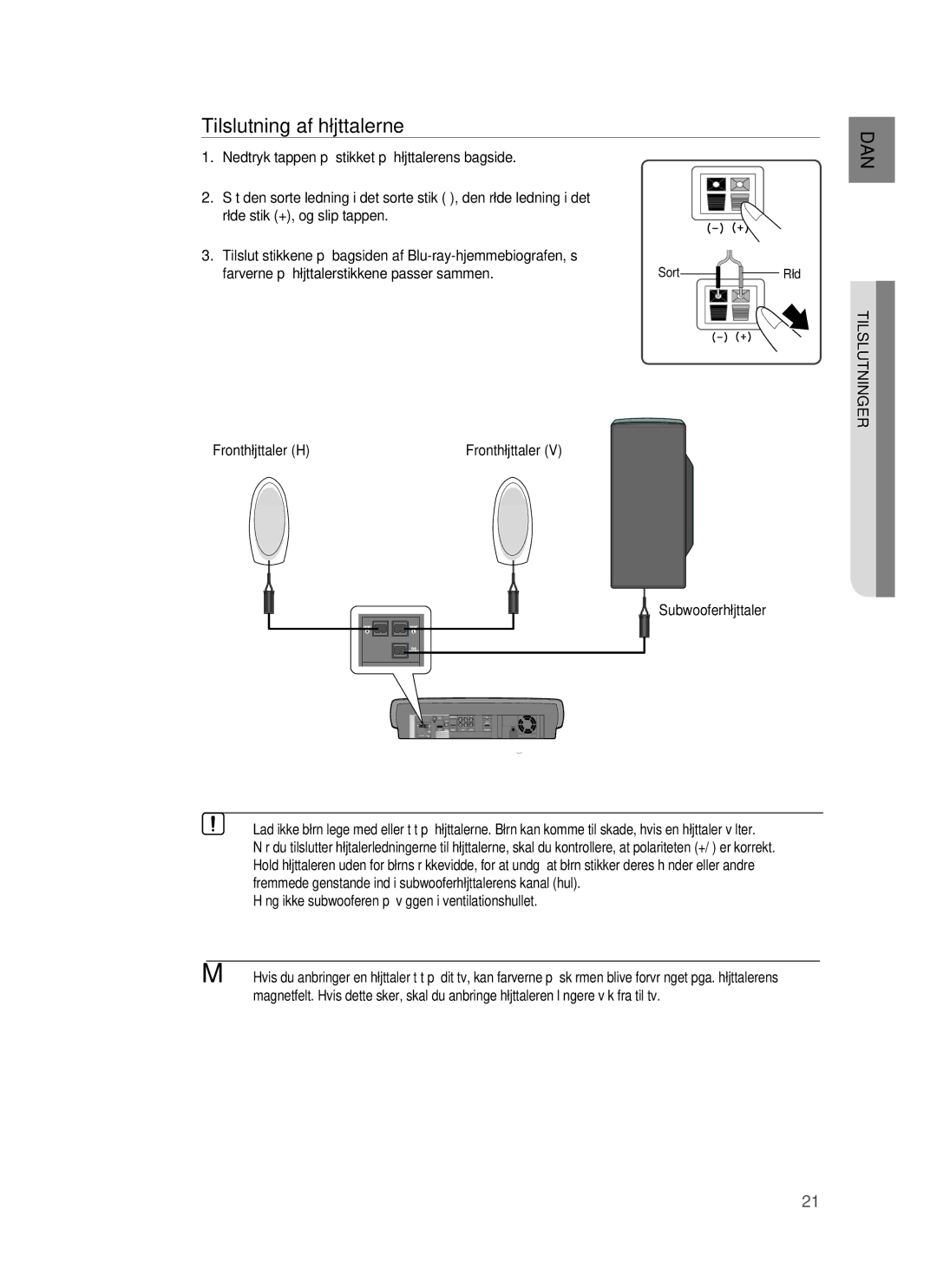 Samsung HT-BD6200R/XEE manual Tilslutning af højttalerne,  Hæng ikke subwooferen på væggen i ventilationshullet 