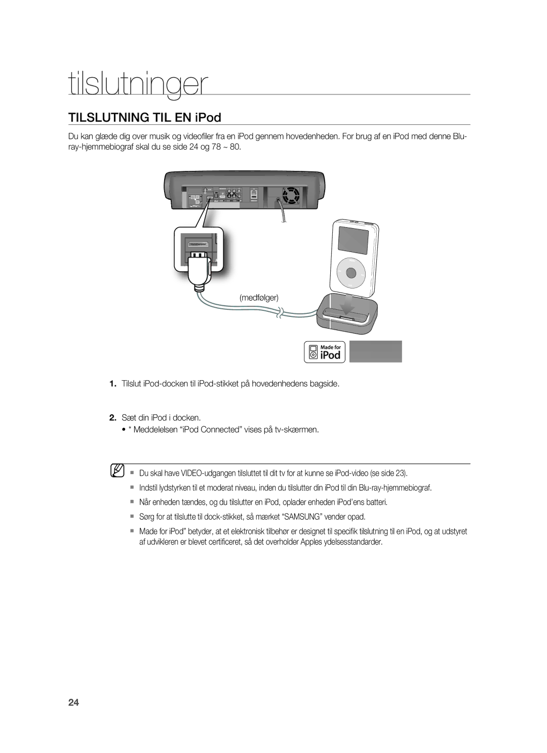 Samsung HT-BD6200R/XEE manual Tilslutning TIL EN iPod 