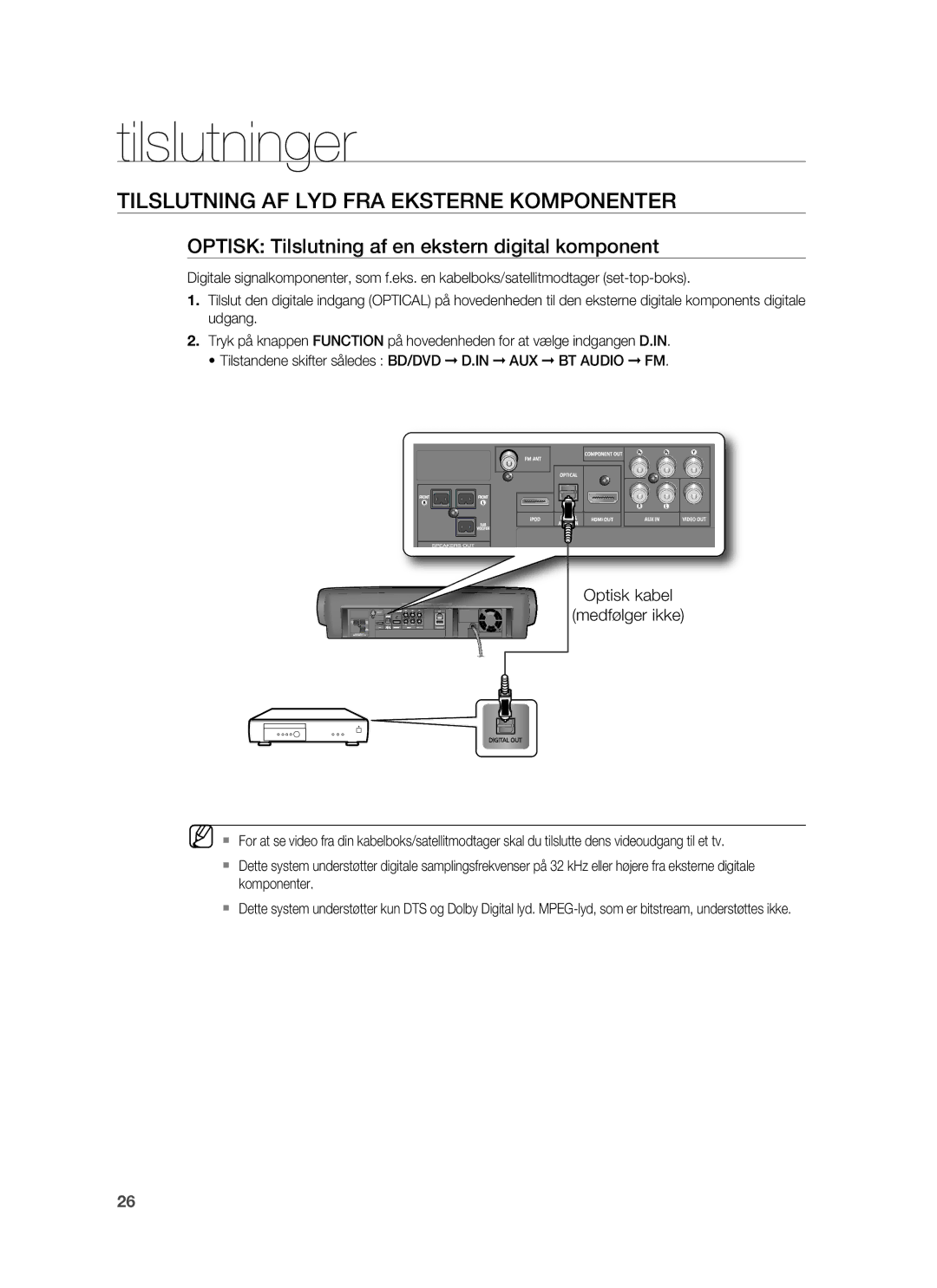 Samsung HT-BD6200R/XEE Tilslutning AF LYD FRA Eksterne Komponenter, Optisk Tilslutning af en ekstern digital komponent 