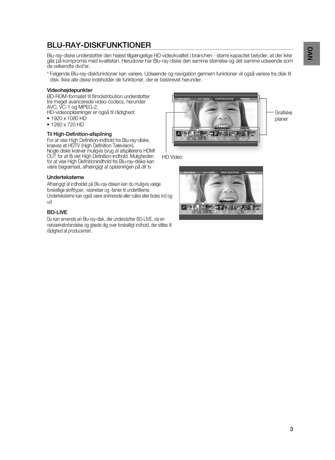 Samsung HT-BD6200R/XEE manual Blu-Ray-Diskfunktioner, Videohøjdepunkter, HD Video, Bd-Live 