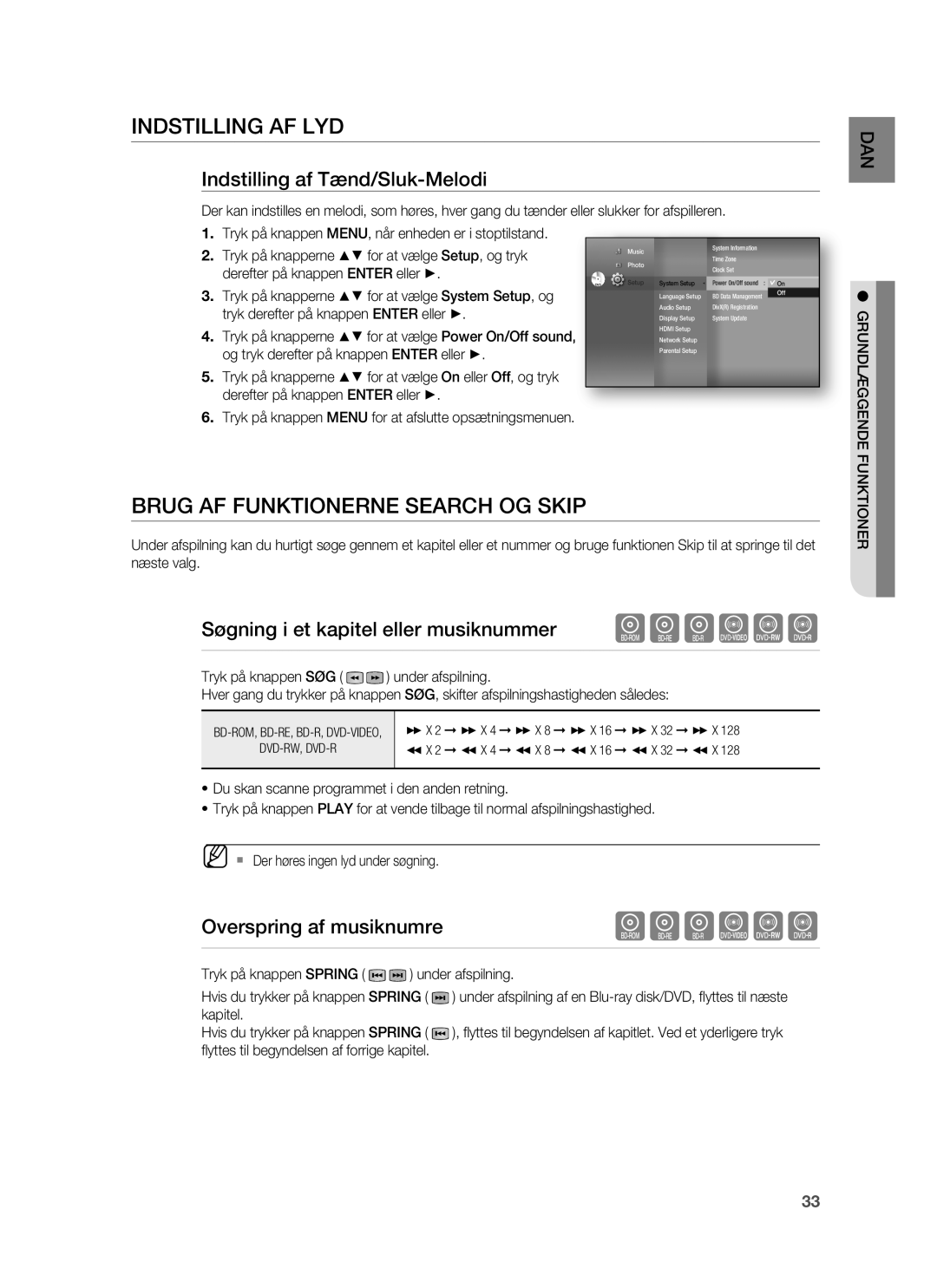 Samsung HT-BD6200R/XEE manual Indstilling AF LYD, Brug AF Funktionerne Search OG Skip, Indstilling af Tænd/Sluk-Melodi 