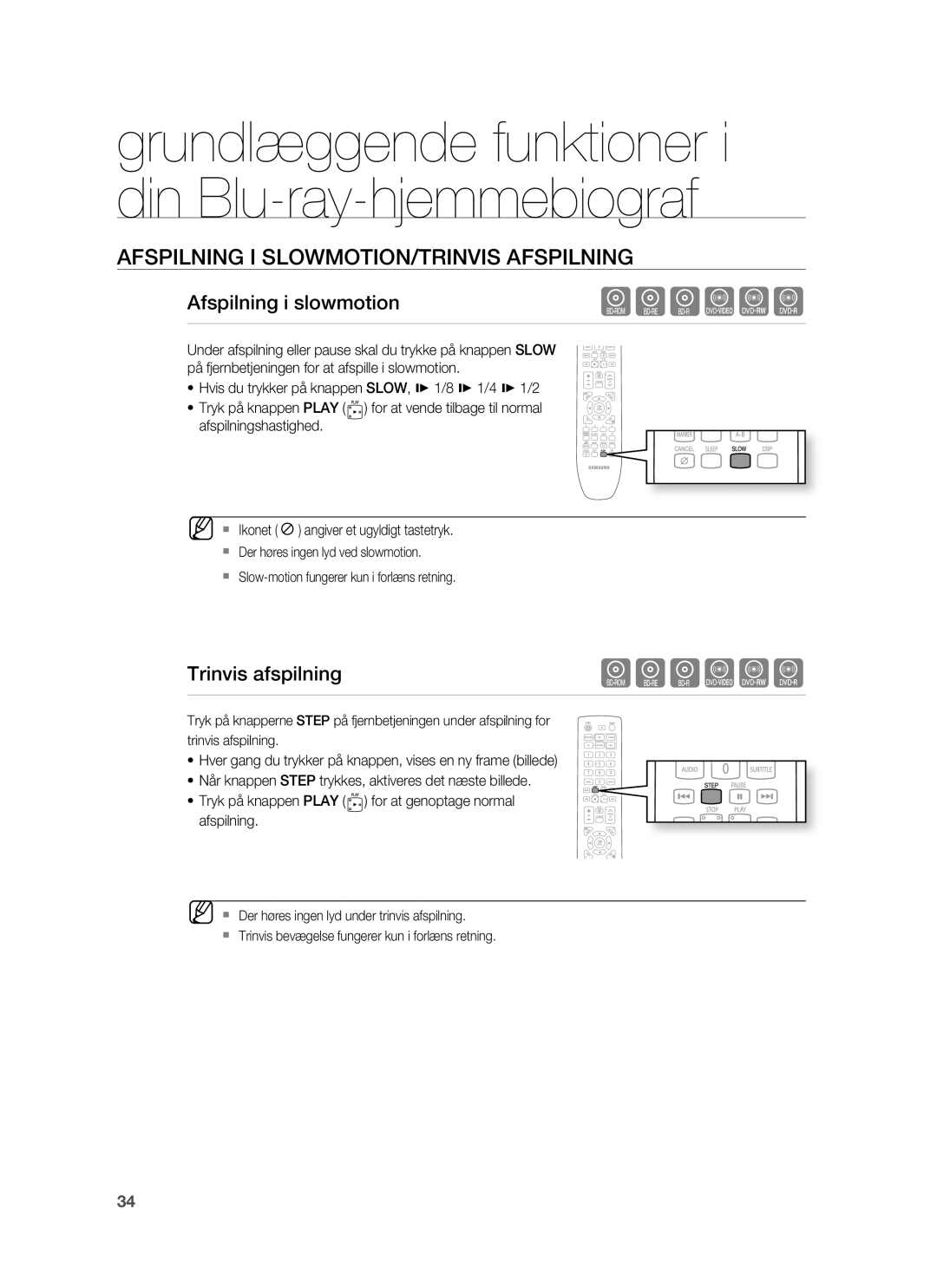 Samsung HT-BD6200R/XEE manual Afspilning I SLOWMOTION/TRINVIS Afspilning, Afspilning i slowmotion, Trinvis afspilning 